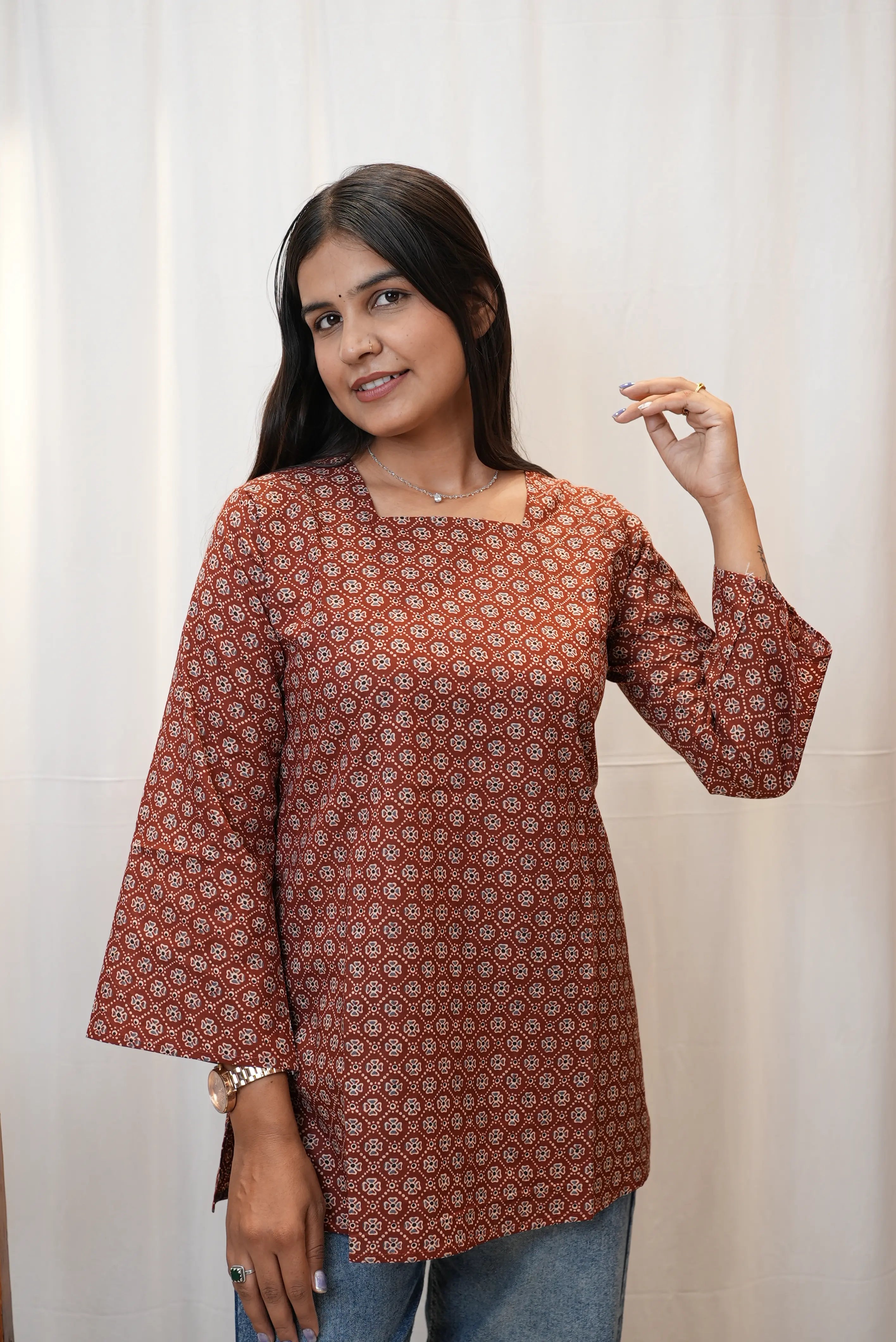 Rustic Floral Print Cotton Kurti for Women | Square Neck Casual Ethnic Top