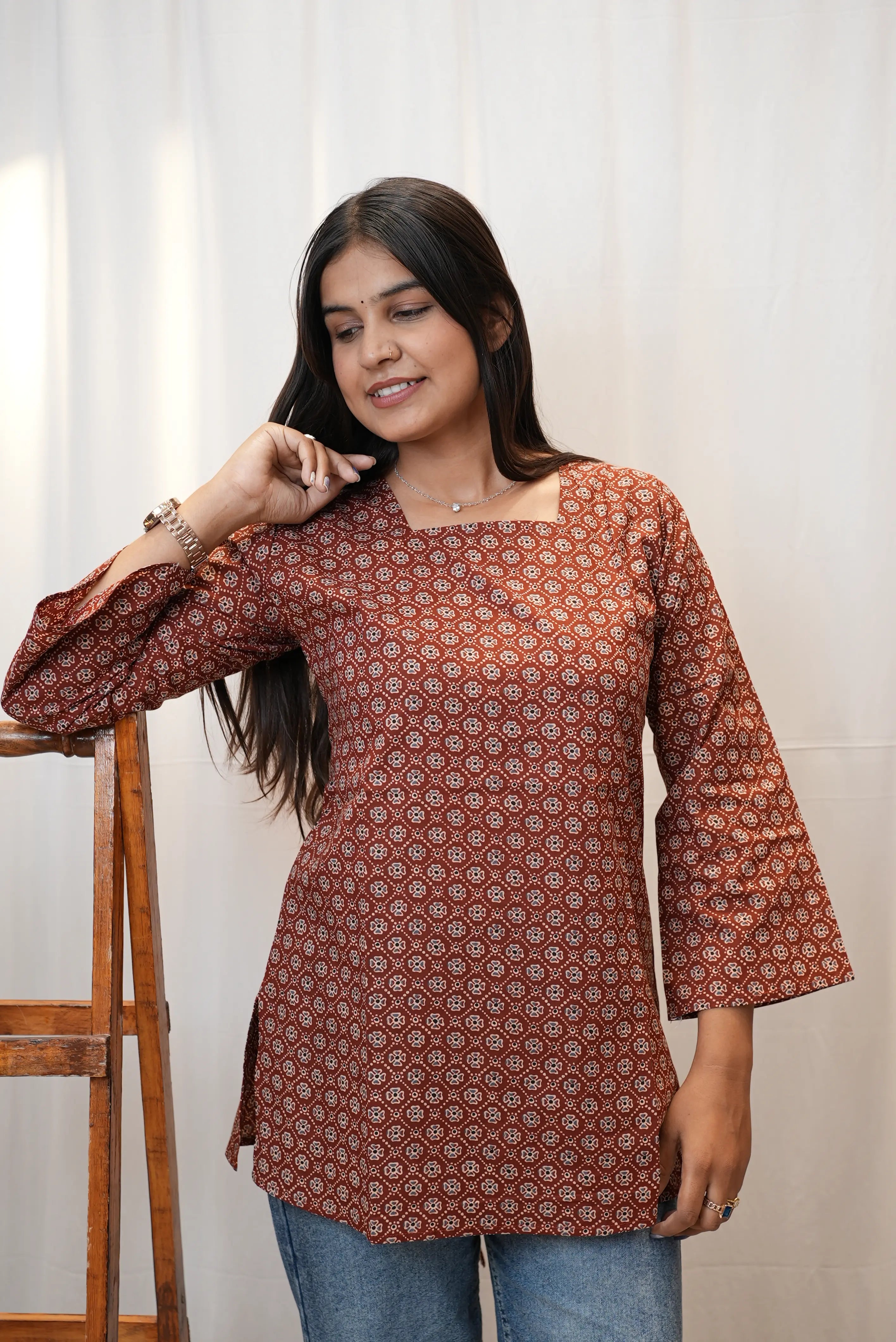 Rustic Floral Print Cotton Kurti for Women | Square Neck Casual Ethnic Top