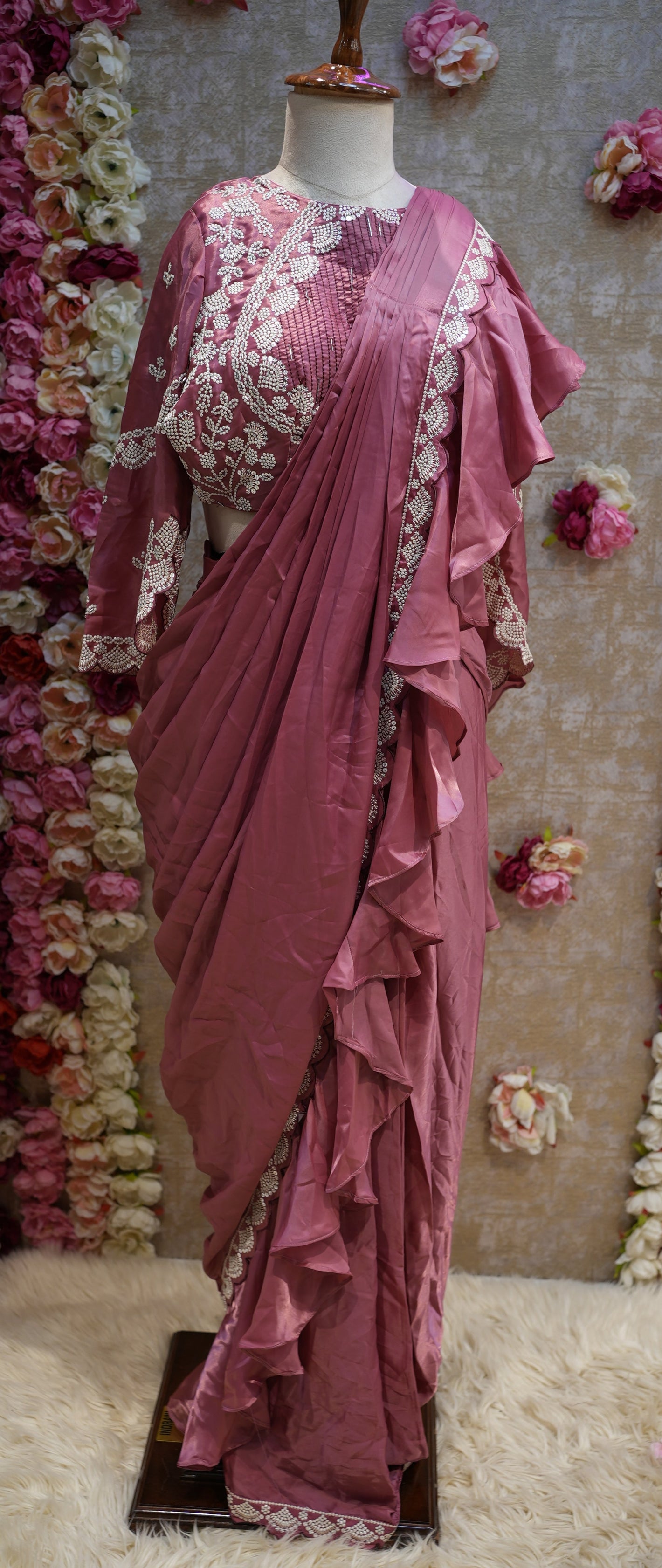 RUFFLE PATTERN PREPLATE SAREE WITH SEQUENCE AND EMBROIDERY WORK (WITH BLOUSE) (CUT 5.5 MTR APPROX)  ##SR0239