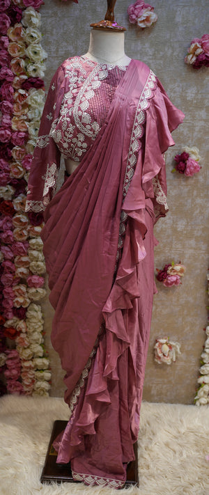RUFFLE PATTERN PREPLATE SAREE WITH SEQUENCE AND EMBROIDERY WORK (WITH BLOUSE) (CUT 5.5 MTR APPROX)  ##SR0239