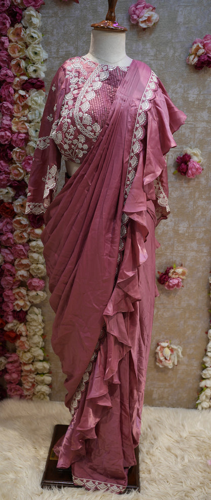 RUFFLE PATTERN PREPLATE SAREE WITH SEQUENCE AND EMBROIDERY WORK (WITH BLOUSE) (CUT 5.5 MTR APPROX)  ##SR0239
