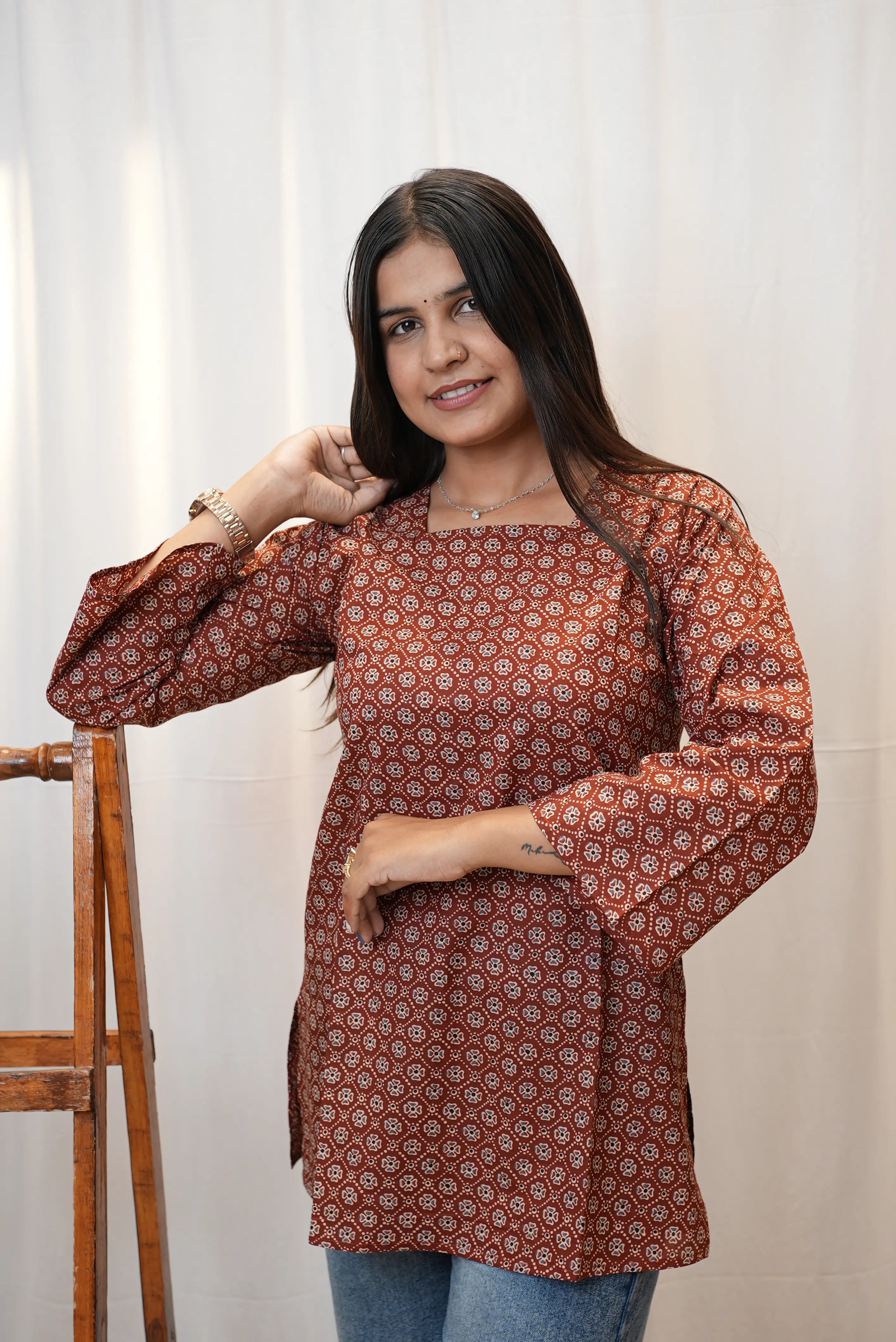 Rustic Floral Print Cotton Kurti for Women | Square Neck Casual Ethnic Top