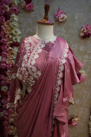 RUFFLE PATTERN PREPLATE SAREE WITH SEQUENCE AND EMBROIDERY WORK (WITH BLOUSE) (CUT 5.5 MTR APPROX)  ##SR0239