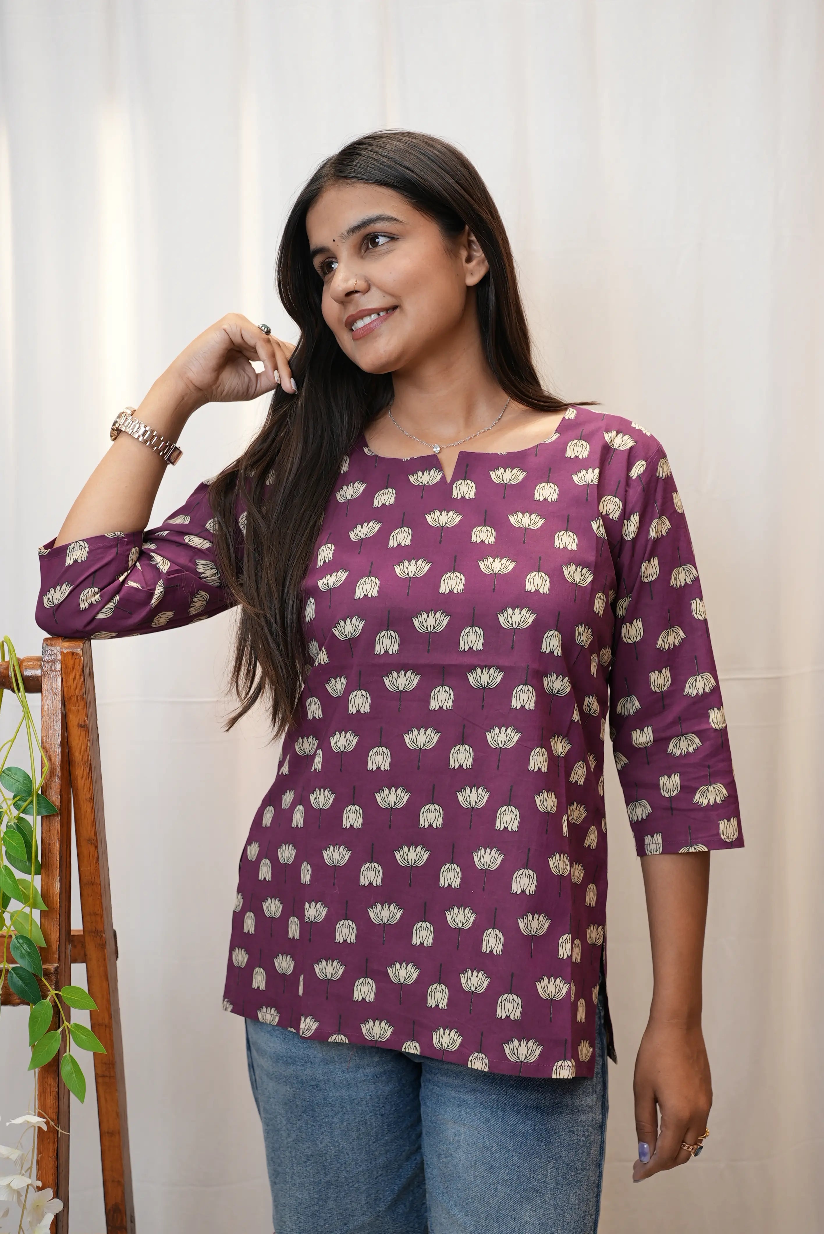 Purple Floral Printed Cotton Kurti for Women | Elegant Everyday Wear
