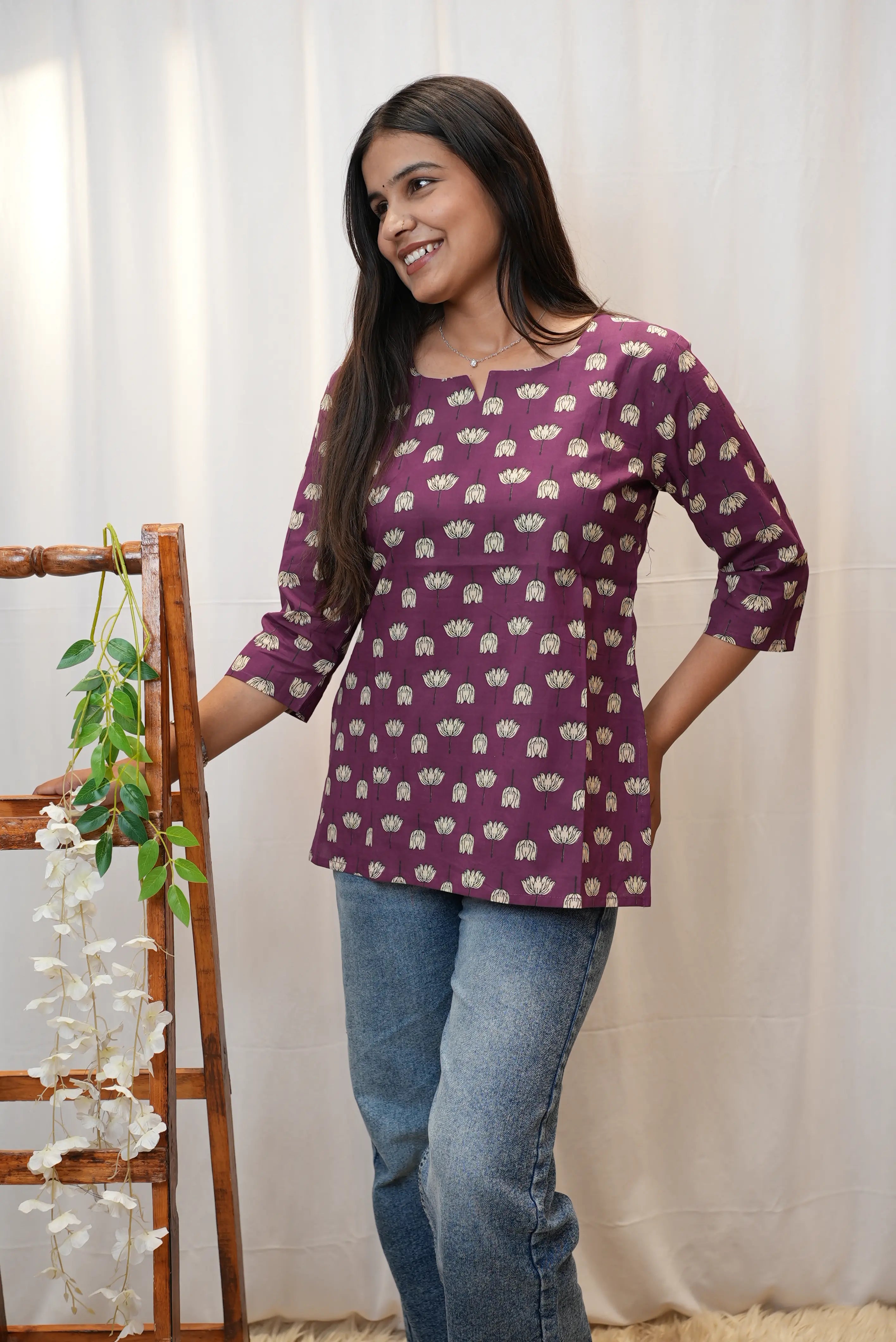 Purple Floral Printed Cotton Kurti for Women | Elegant Everyday Wear