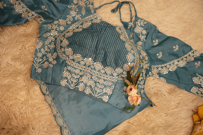 RUFFLE PATTERN PREPLATE SAREE WITH SEQUENCE AND EMBROIDERY WORK (WITH BLOUSE) (CUT 5.5 MTR APPROX)  ##SR0239