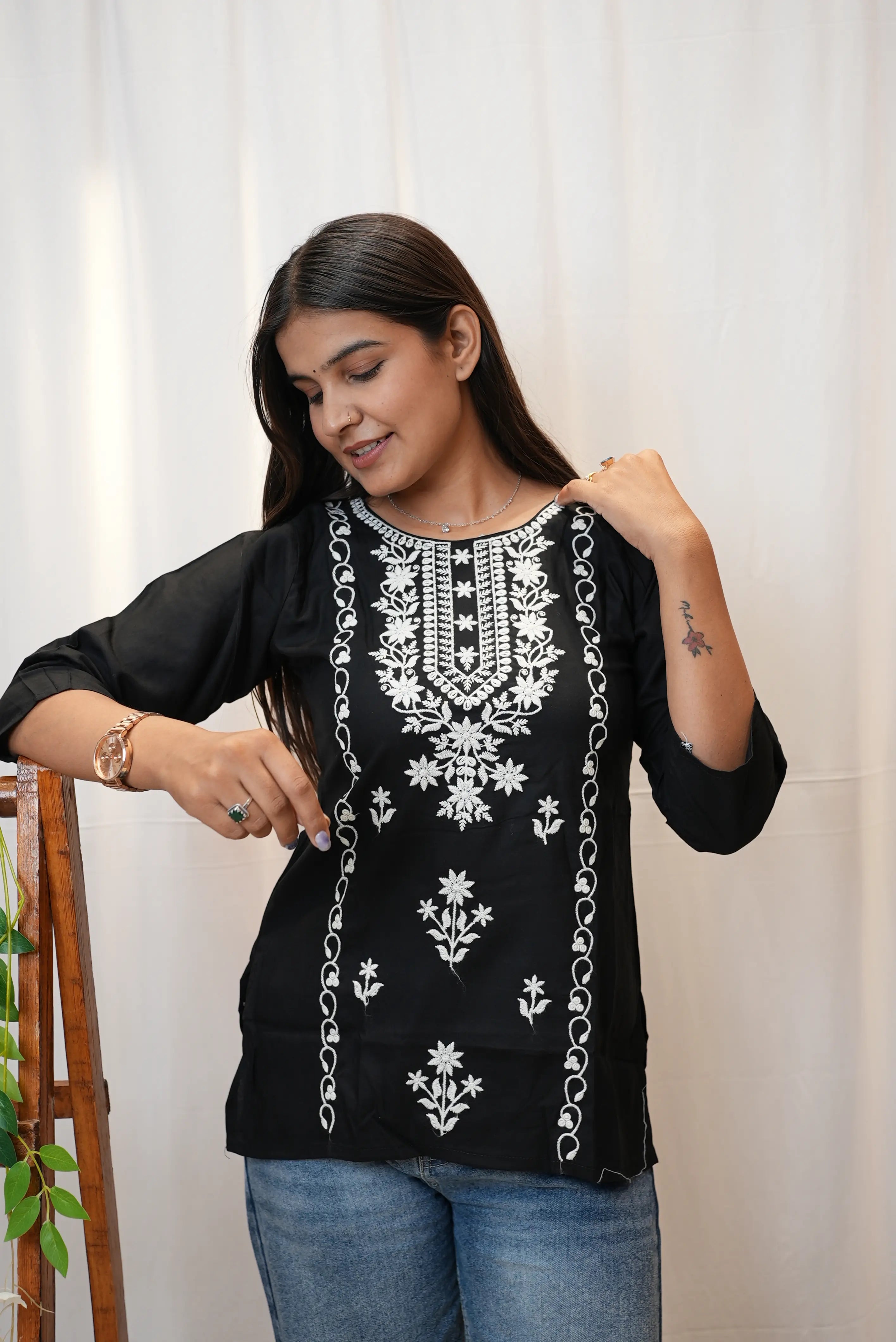 Black Cotton Chikankari Embroidered Kurti for Women | Elegant White Thread Work