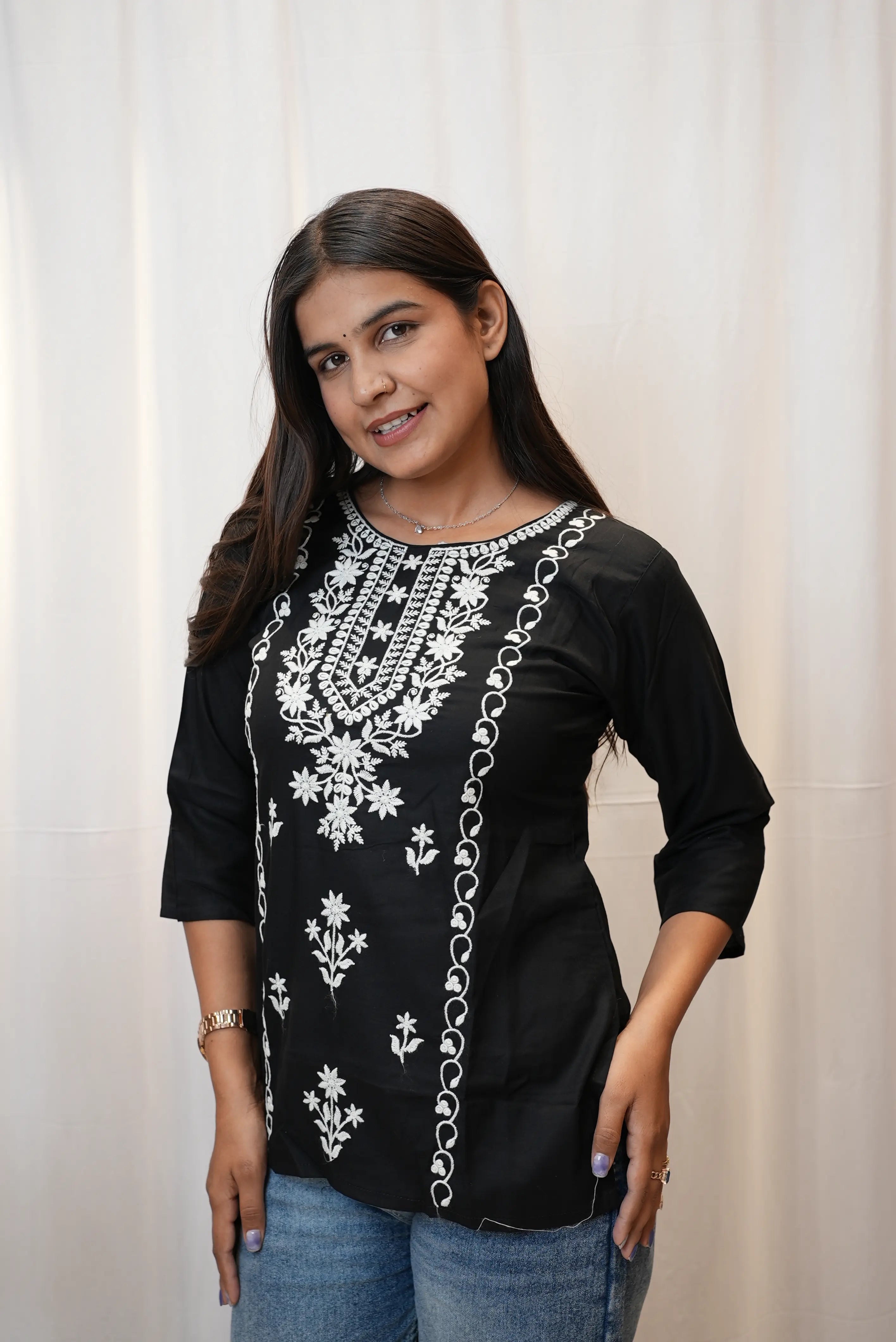 Black Cotton Chikankari Embroidered Kurti for Women | Elegant White Thread Work