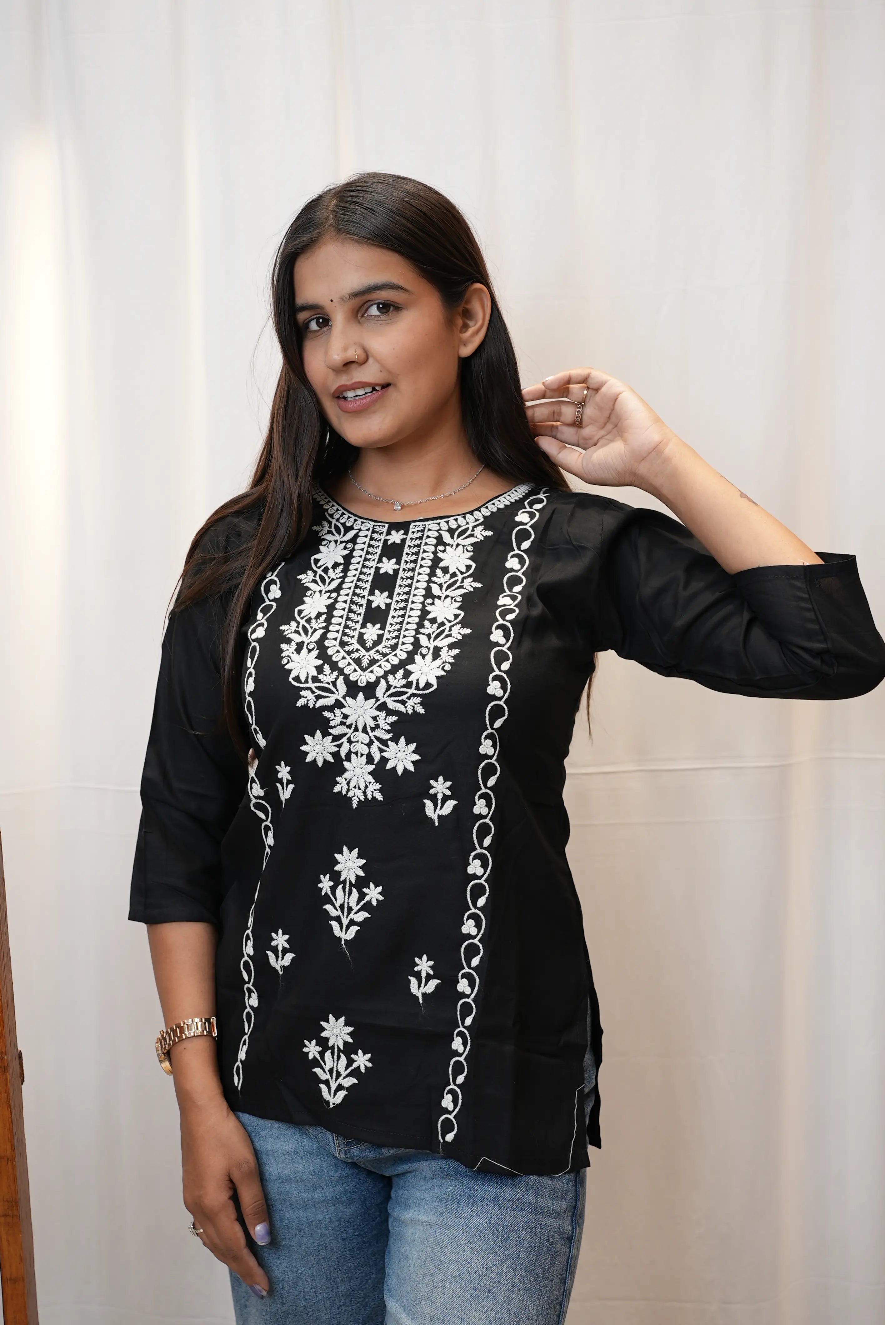 Black Cotton Chikankari Embroidered Kurti for Women | Elegant White Thread Work