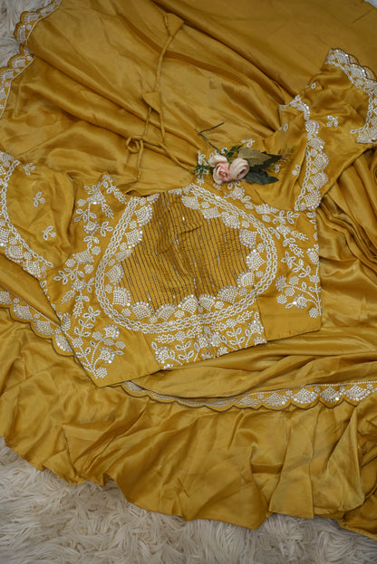 RUFFLE PATTERN PREPLATE SAREE WITH SEQUENCE AND EMBROIDERY WORK (WITH BLOUSE) (CUT 5.5 MTR APPROX)  ##SR0239