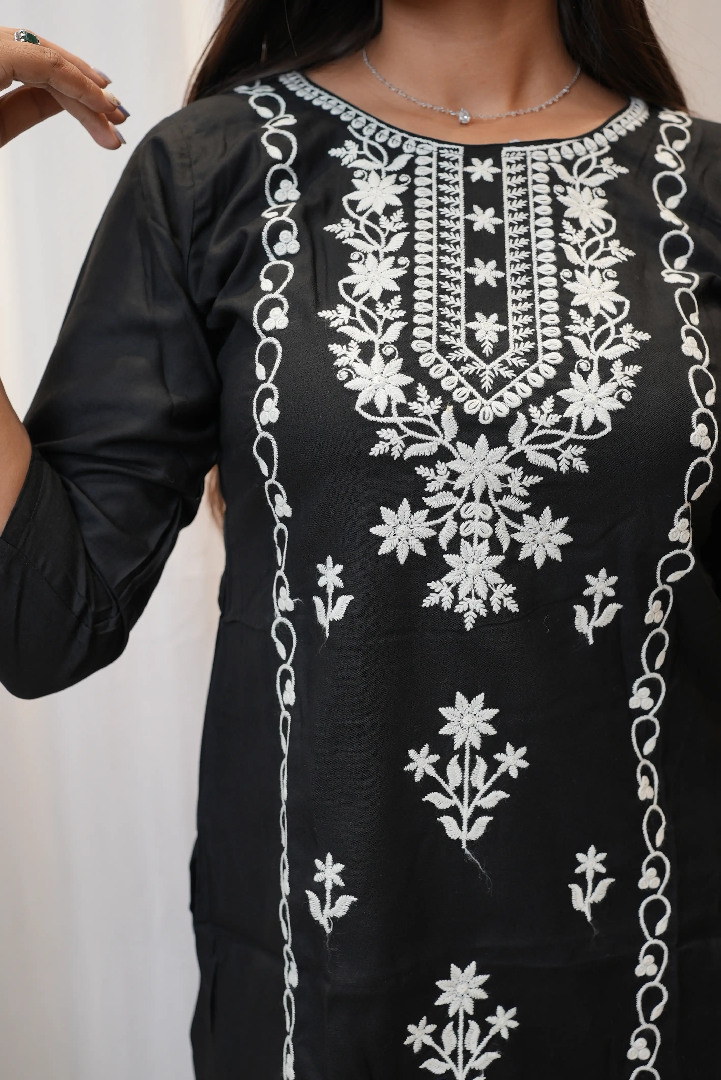 Black Cotton Chikankari Embroidered Kurti for Women | Elegant White Thread Work