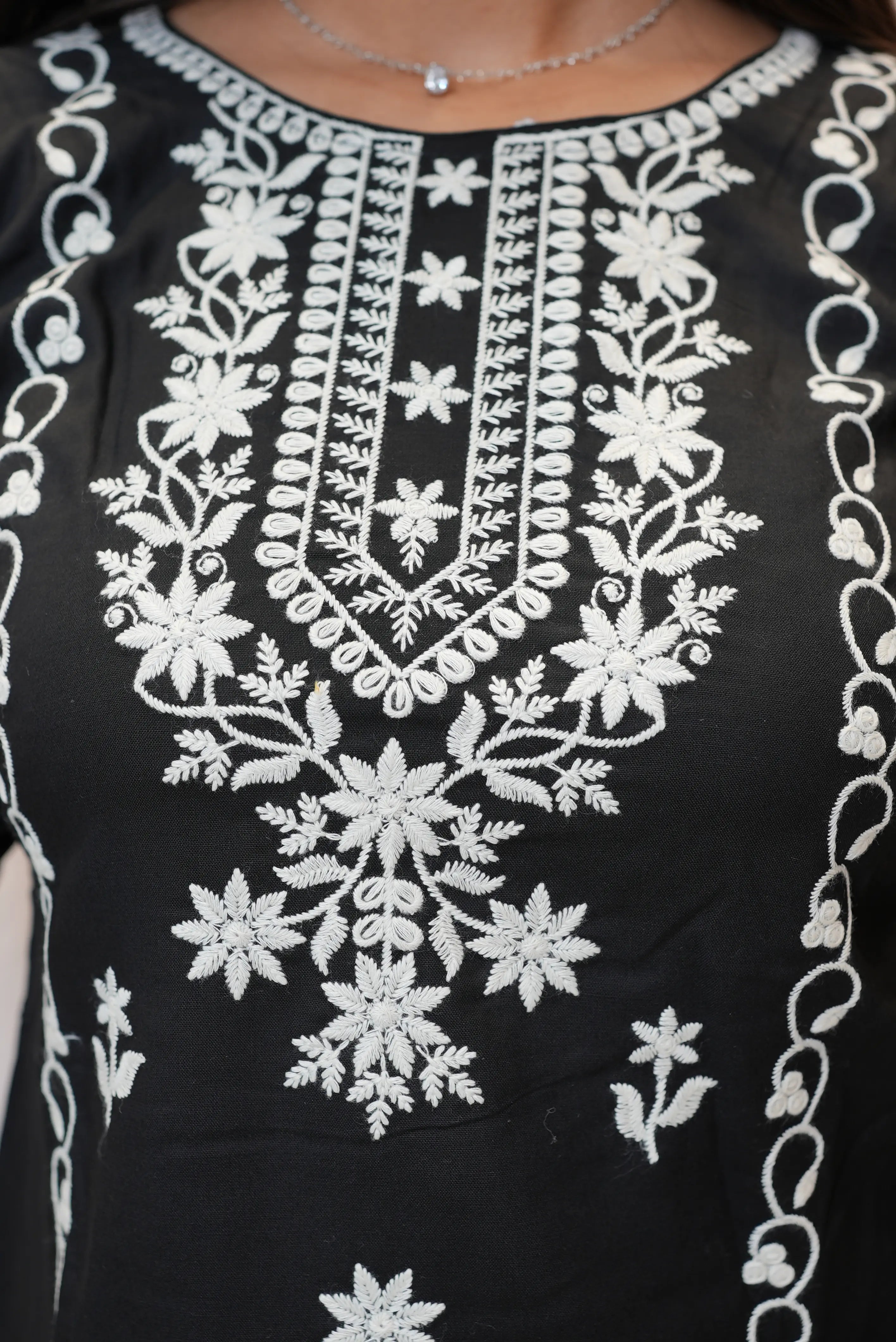 Black Cotton Chikankari Embroidered Kurti for Women | Elegant White Thread Work