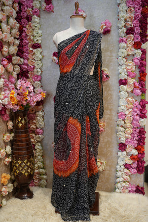 BLACK COLOUR BANDHANI SAREE WITH AARI & MIRROR WORK (WITH BLOUSE) ##SR500