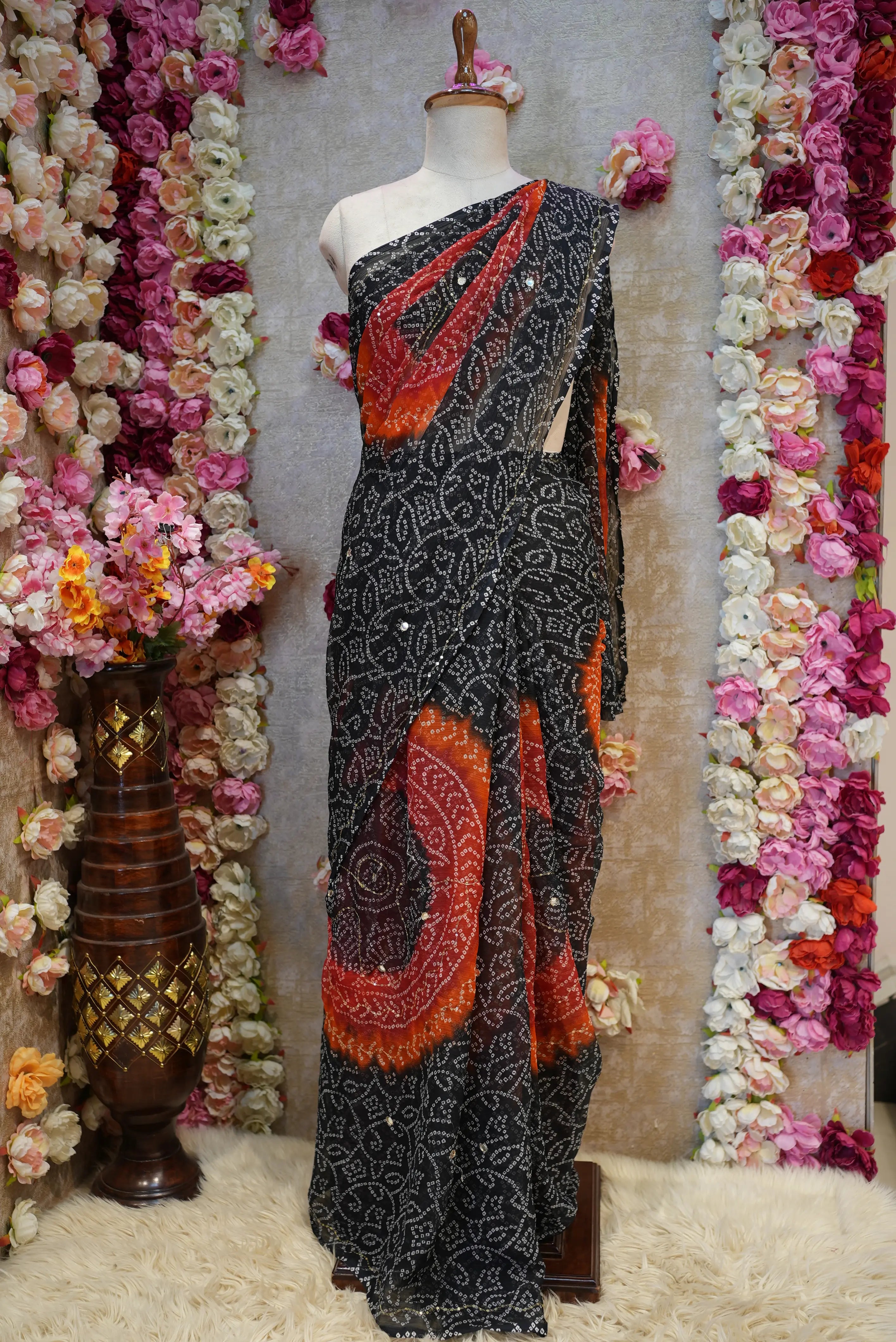 Black Bandhani Saree with Aari & Mirror Work