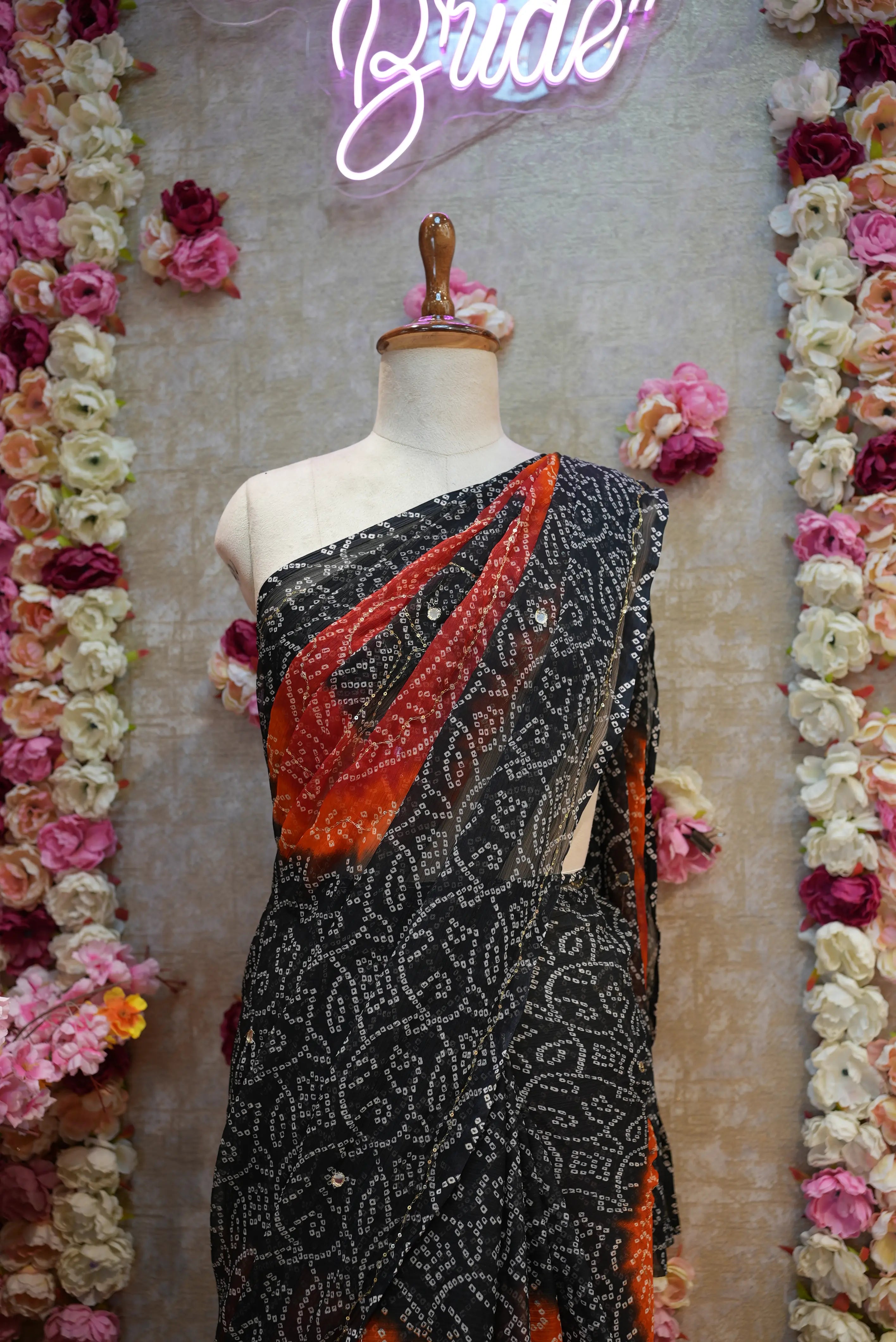 Black Bandhani Saree with Aari & Mirror Work
