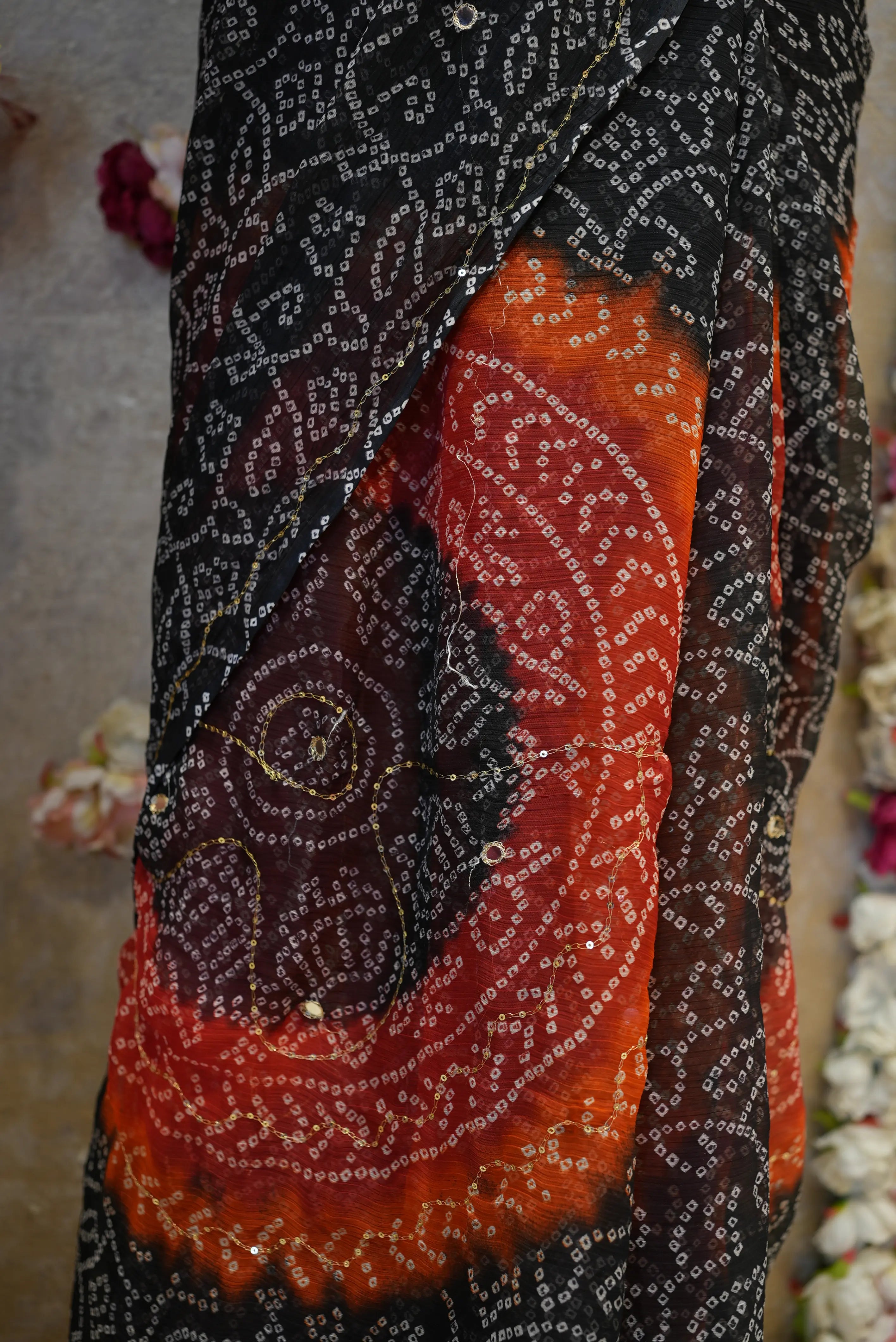 Black Bandhani Saree with Aari & Mirror Work