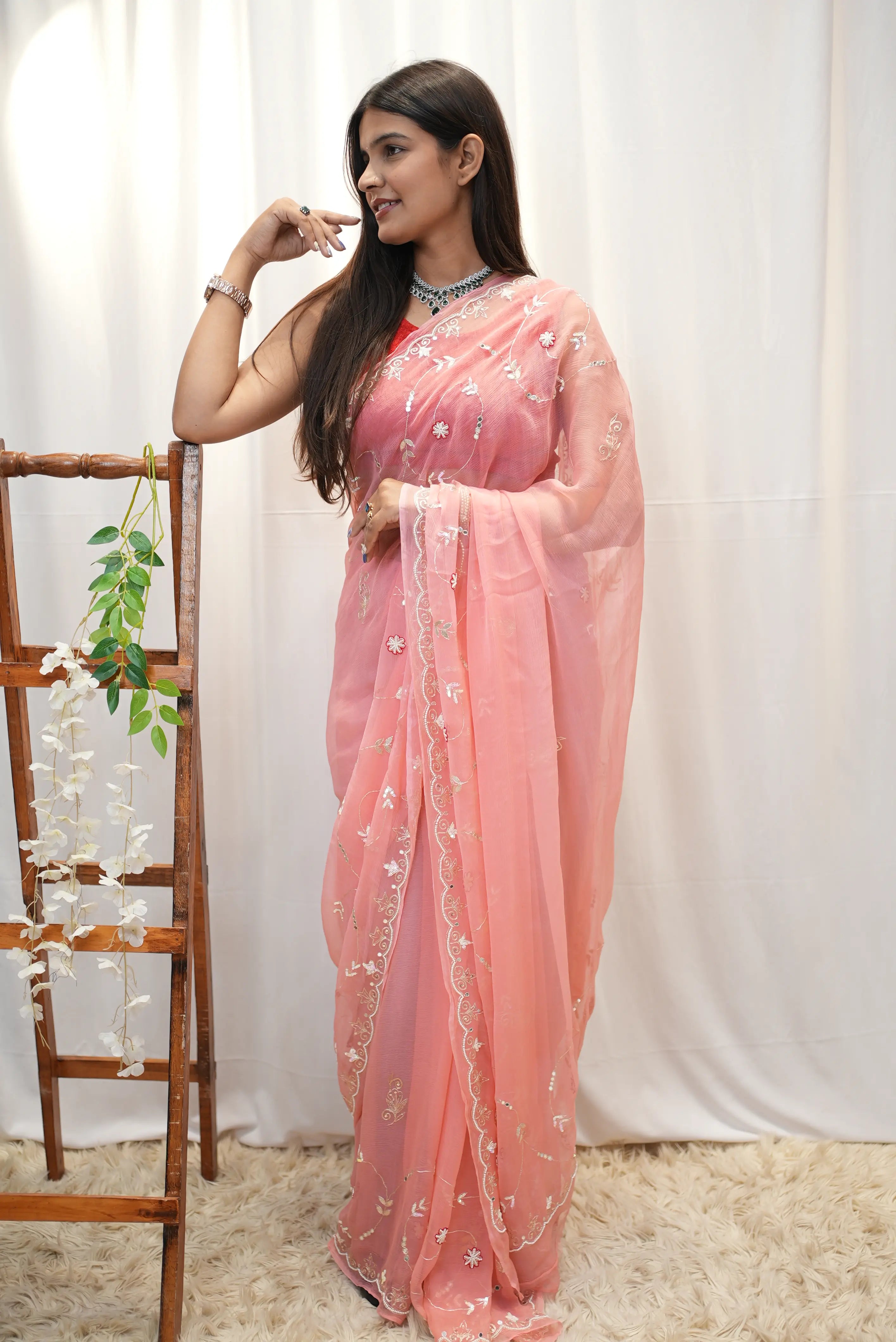 Pure  Chiffon Fabric Jaal Pattern Saree With Gota Patti, Cut-Dana & Sequence Work (With Contrast Blouse)