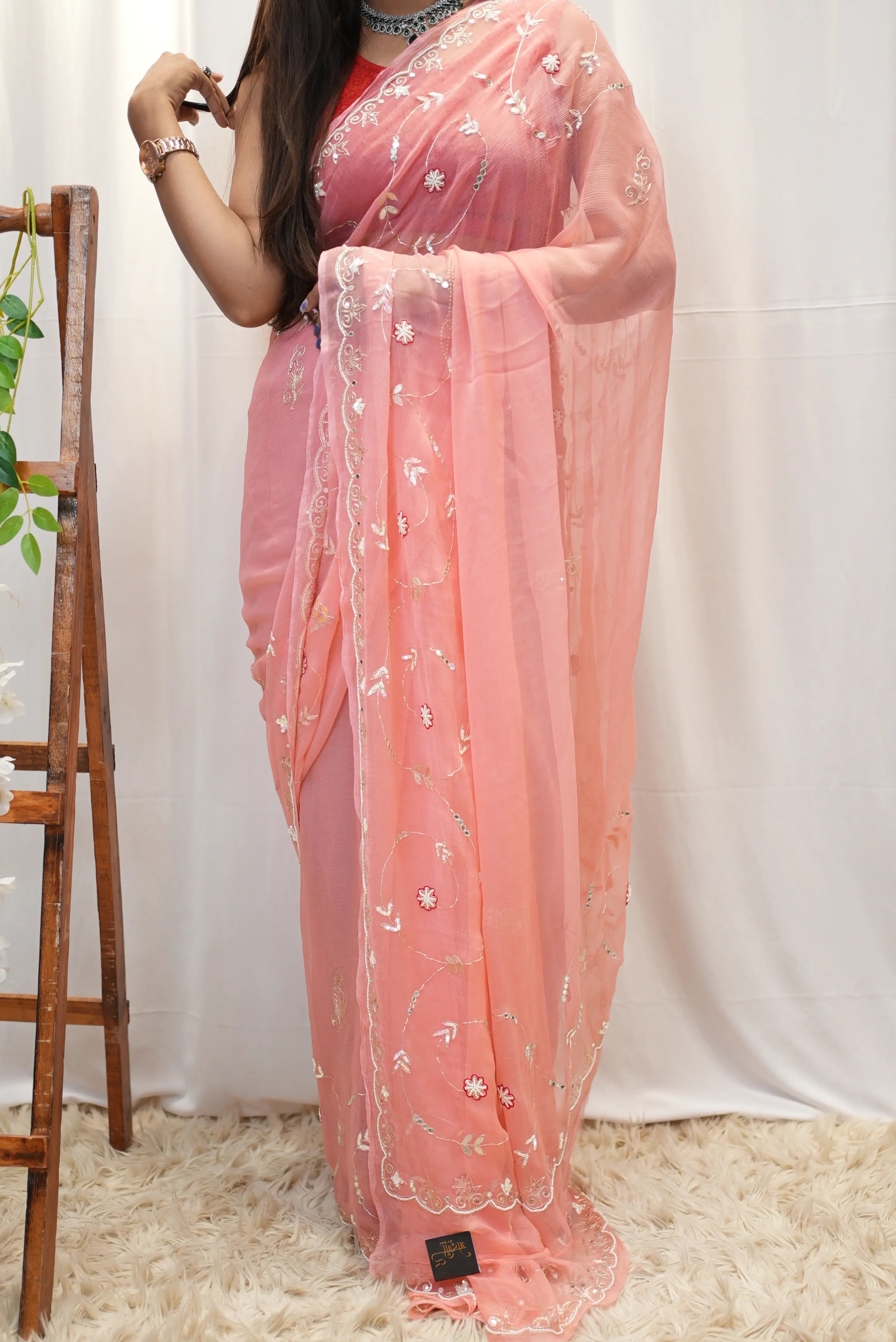 Pure  Chiffon Fabric Jaal Pattern Saree With Gota Patti, Cut-Dana & Sequence Work (With Contrast Blouse)