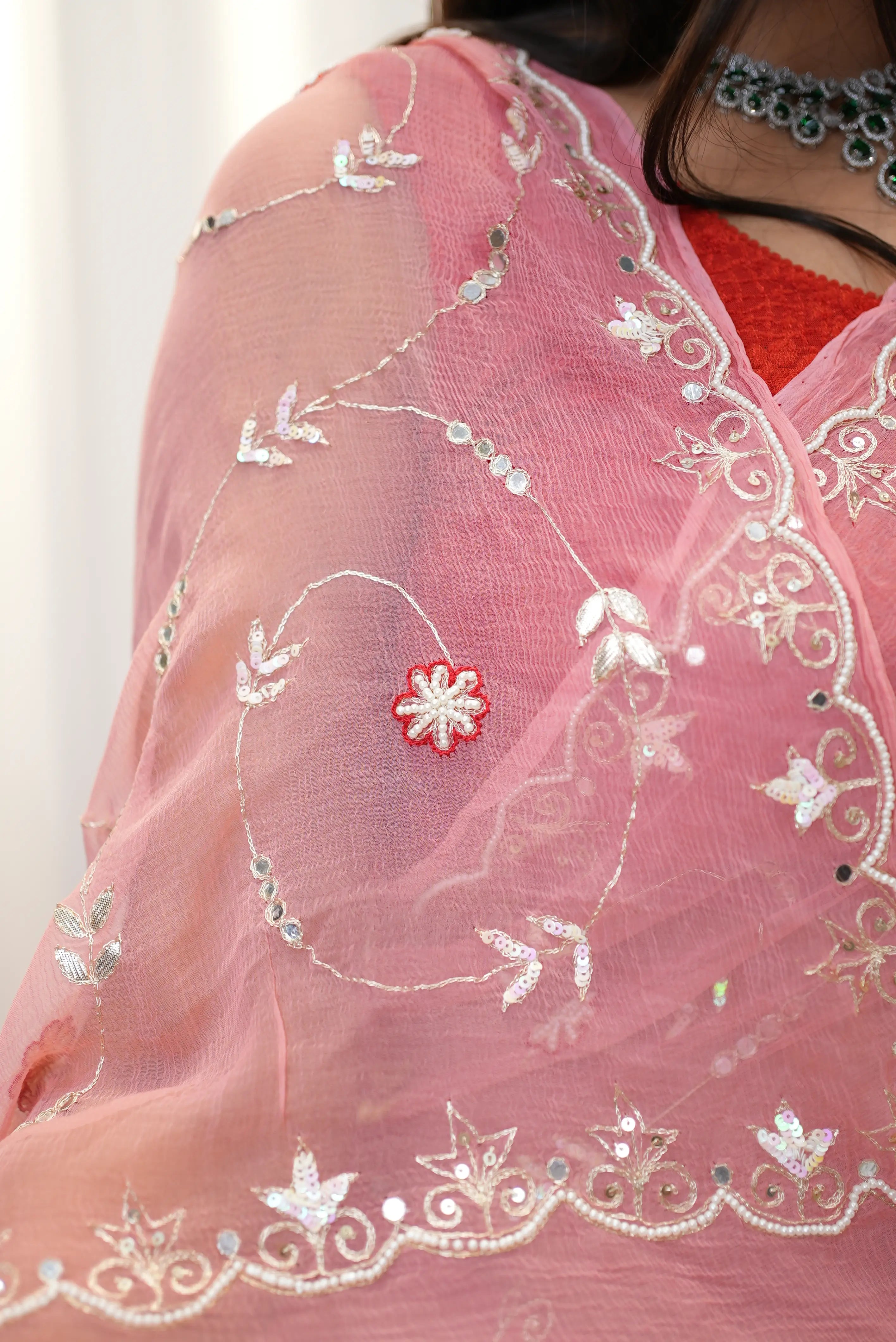 Pure  Chiffon Fabric Jaal Pattern Saree With Gota Patti, Cut-Dana & Sequence Work (With Contrast Blouse)