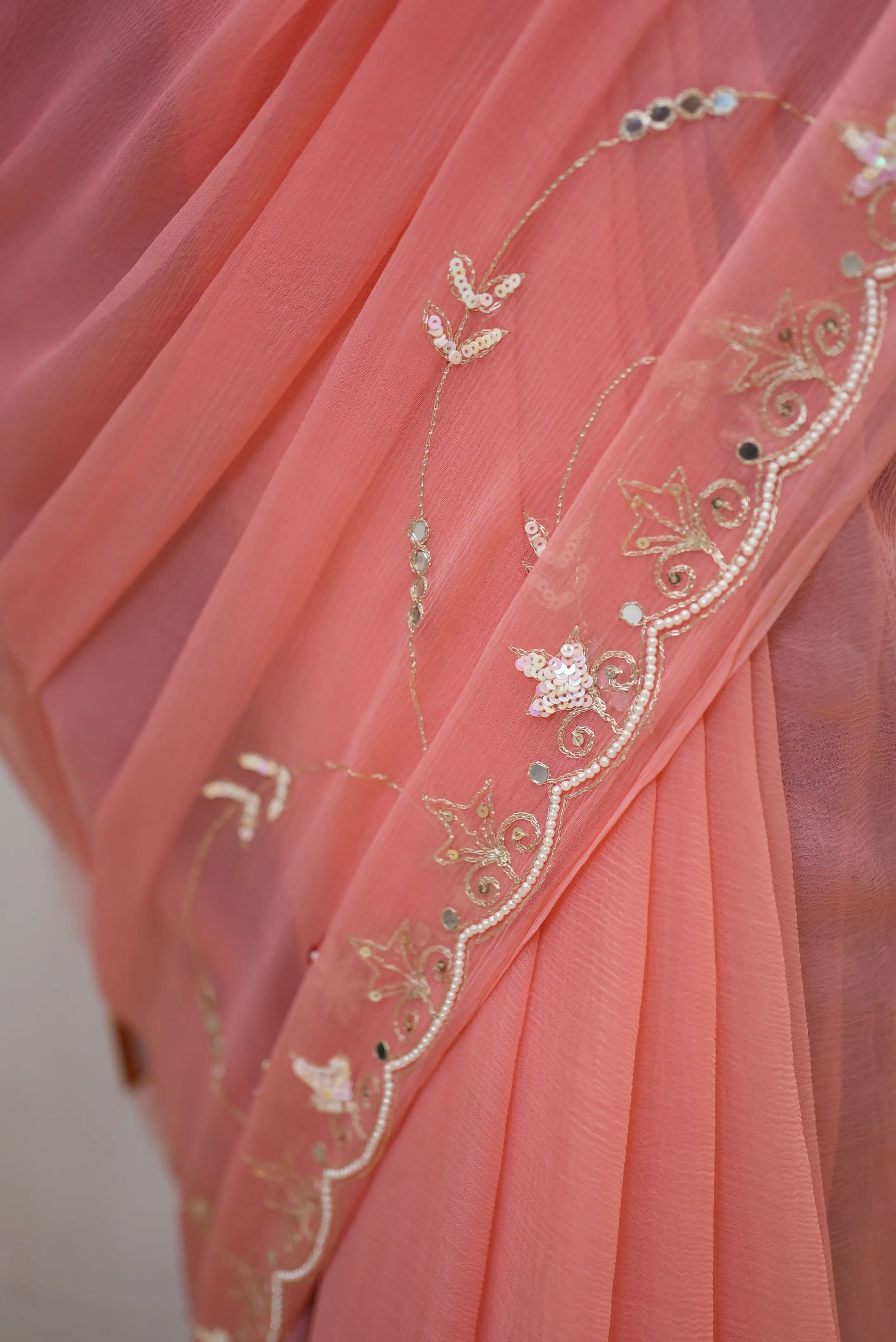 Pure  Chiffon Fabric Jaal Pattern Saree With Gota Patti, Cut-Dana & Sequence Work (With Contrast Blouse)