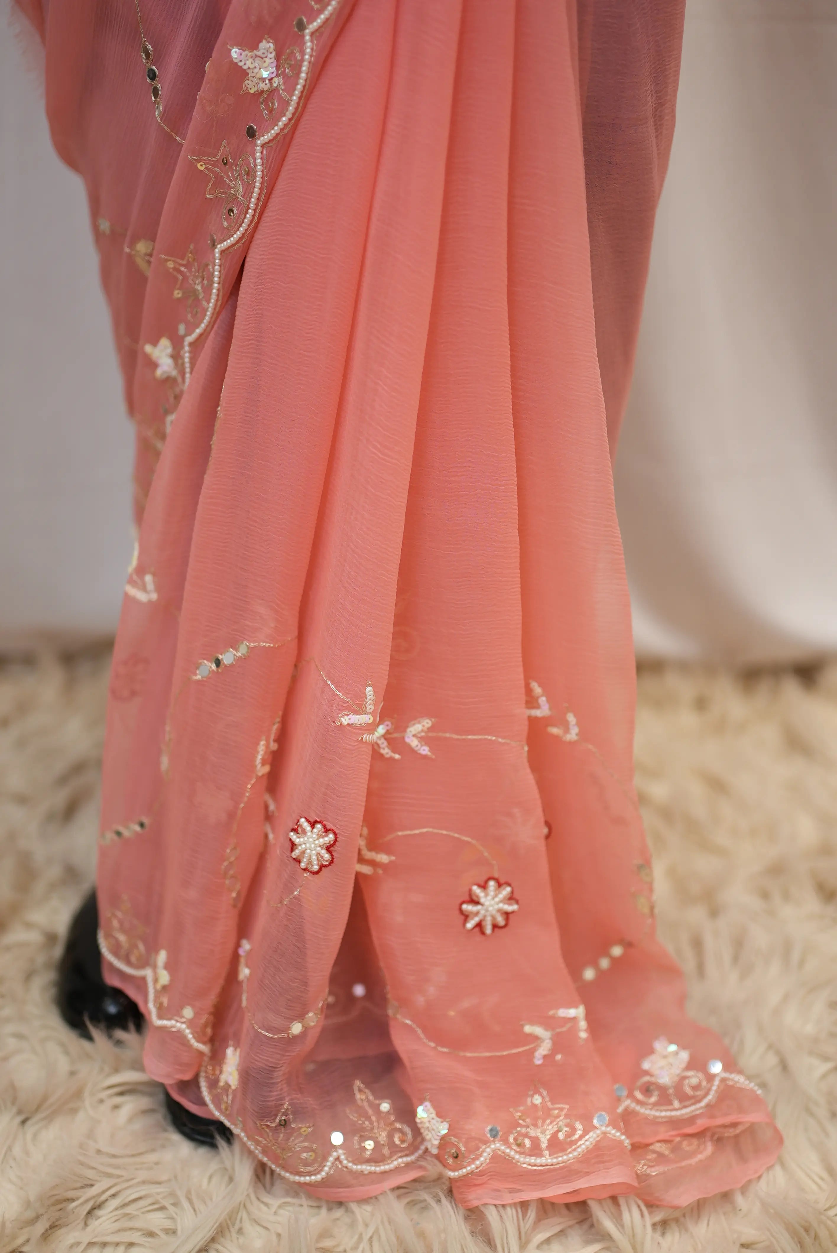 Pure  Chiffon Fabric Jaal Pattern Saree With Gota Patti, Cut-Dana & Sequence Work (With Contrast Blouse)