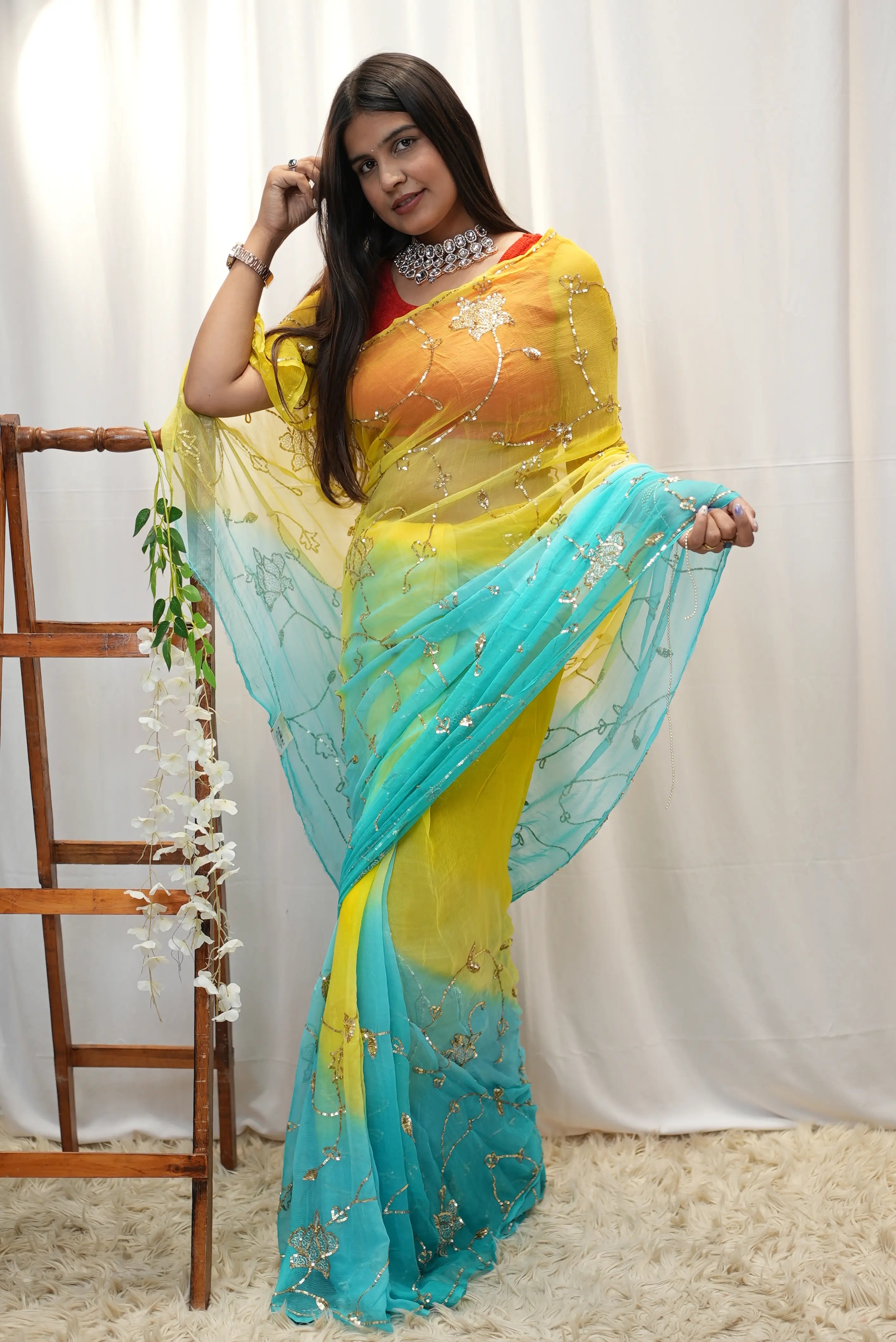 Pure Thakur Ji Chiffon Vintage Work Aari Taari Saree (With Blouse)