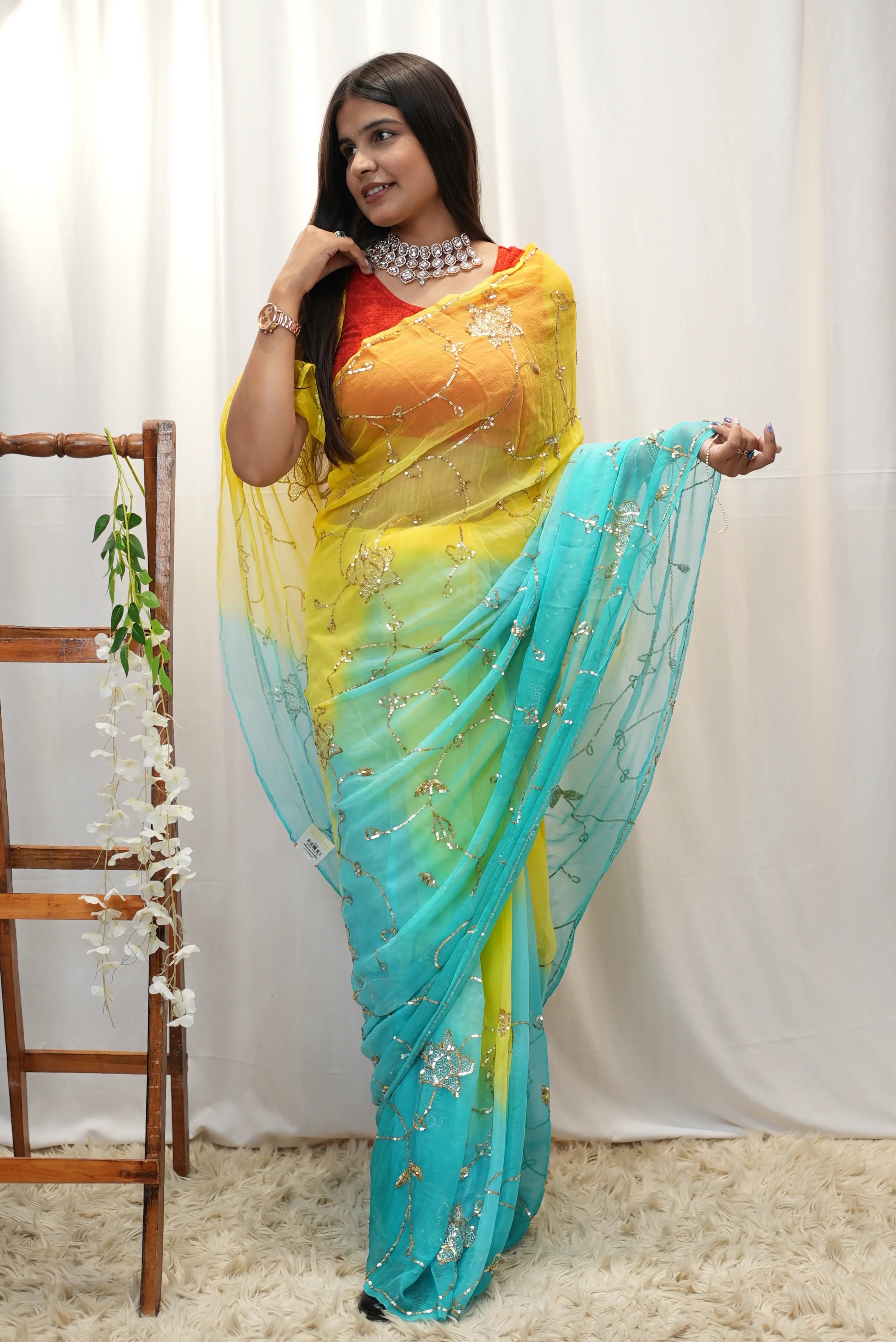 Pure Thakur Ji Chiffon Vintage Work Aari Taari Saree (With Blouse)