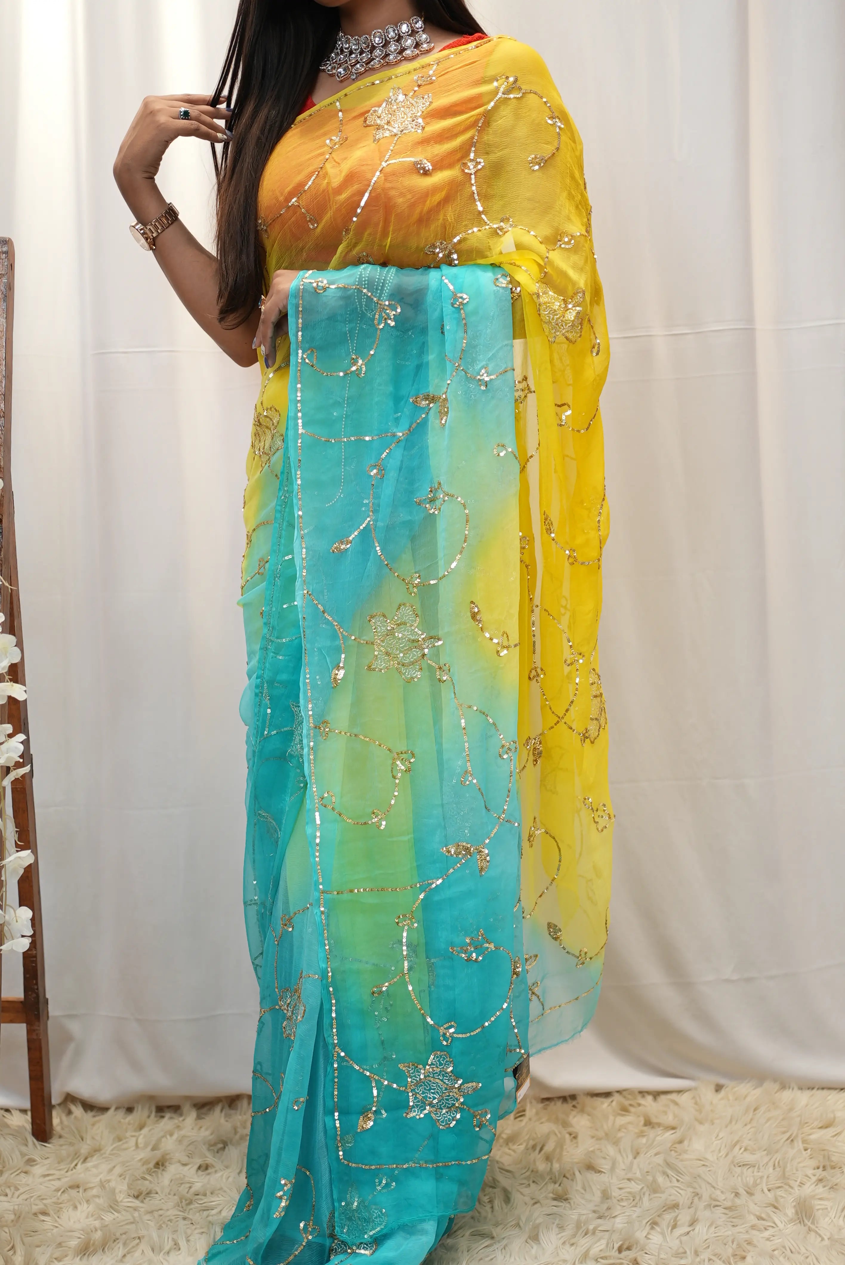 Pure Thakur Ji Chiffon Vintage Work Aari Taari Saree (With Blouse)