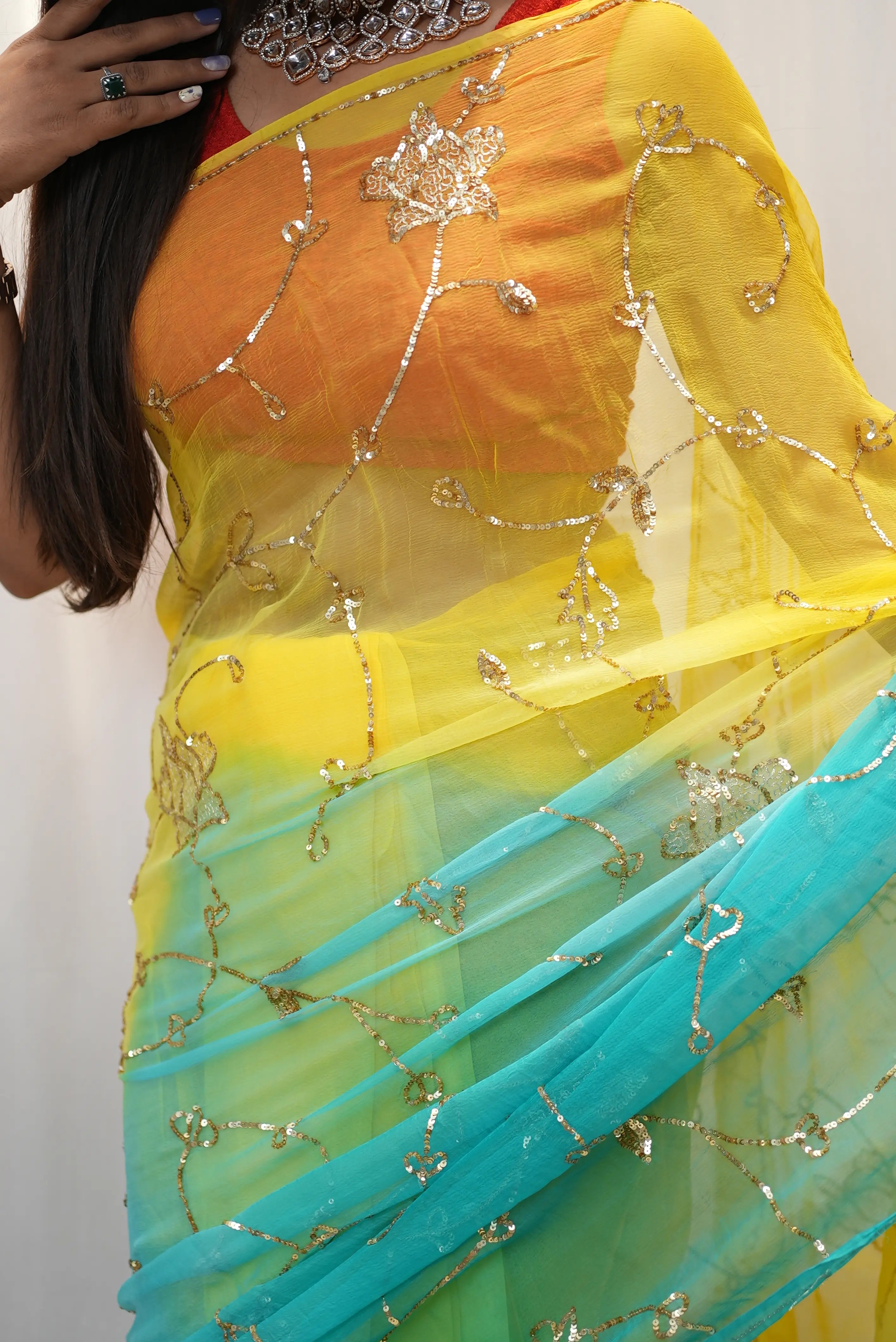 Pure Thakur Ji Chiffon Vintage Work Aari Taari Saree (With Blouse)