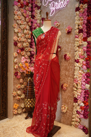 RAJASTHANI SAPECIAL THAKURJI CHIFFON SAREE WITH AARI TARI WORK AND JAAL PATTERN & PEACOCK DESIGN ##SR466