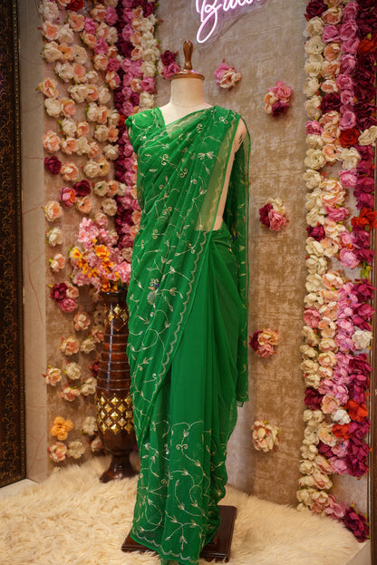 RAJASTHANI SAPECIAL THAKURJI CHIFFON SAREE WITH AARI TARI WORK AND JAAL PATTERN & PEACOCK DESIGN ##SR466
