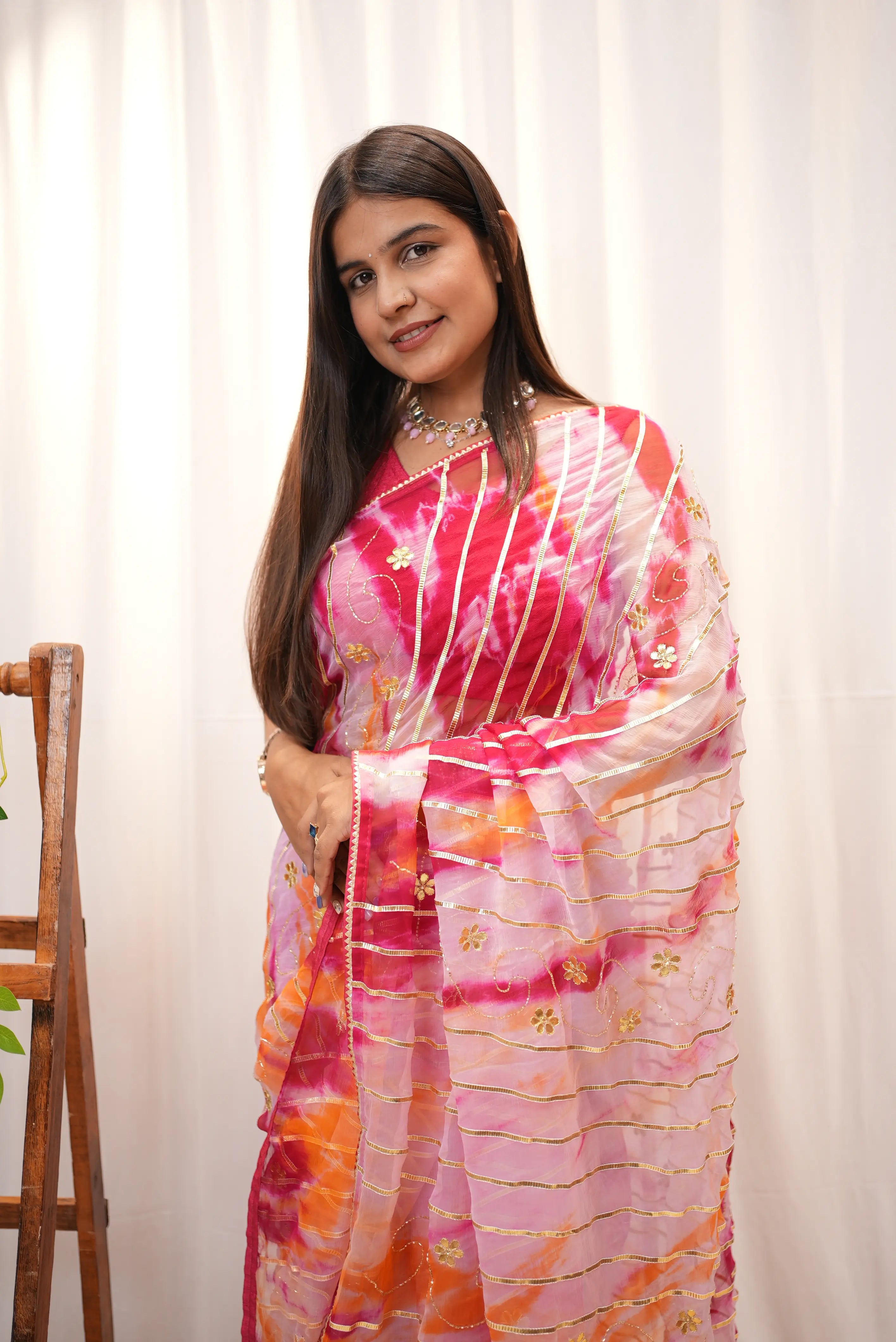Pure Chiffon Lahriya Design Saree With Charkhi Gota & Gota Patti Cut Dana Work