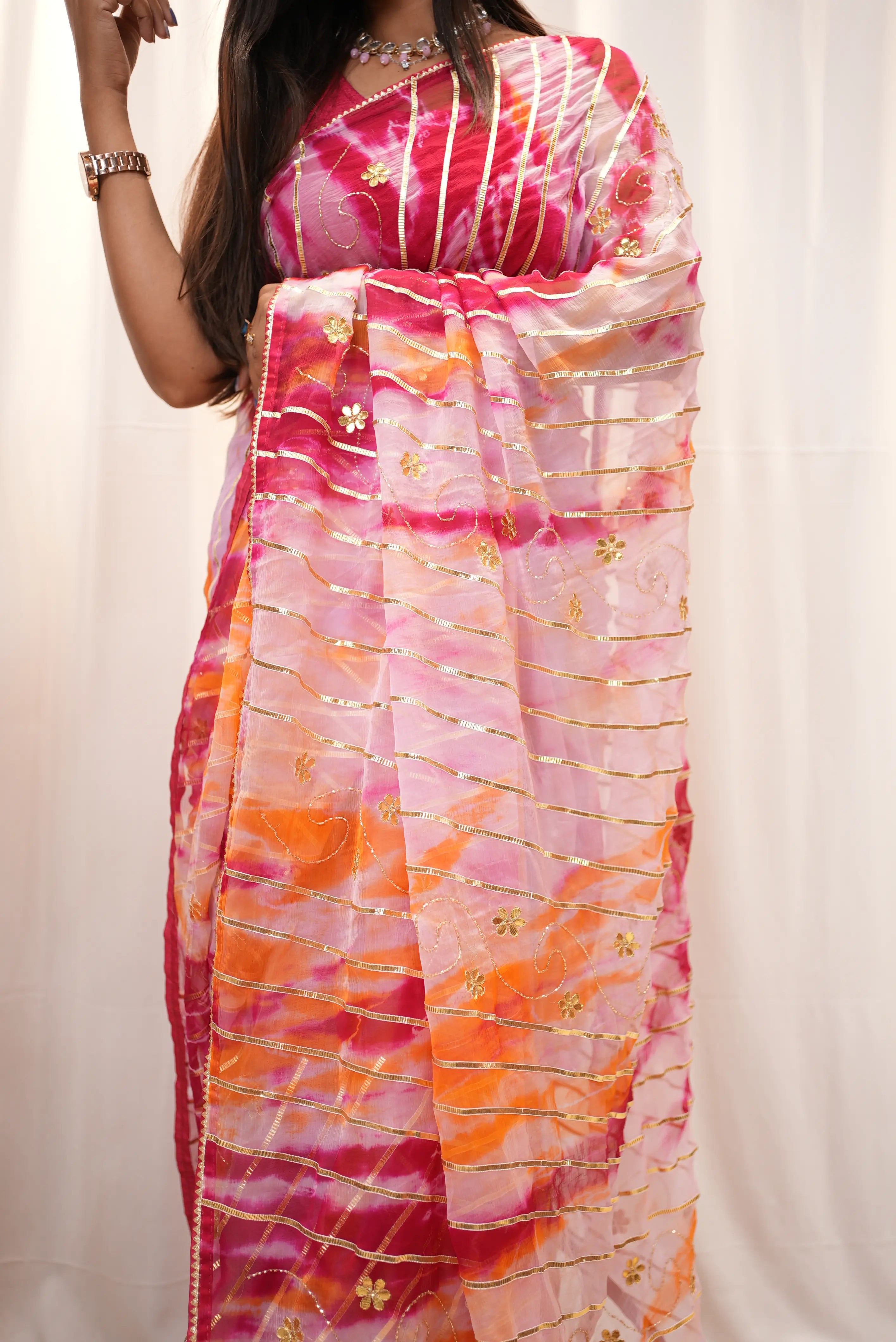 Pure Chiffon Lahriya Design Saree With Charkhi Gota & Gota Patti Cut Dana Work