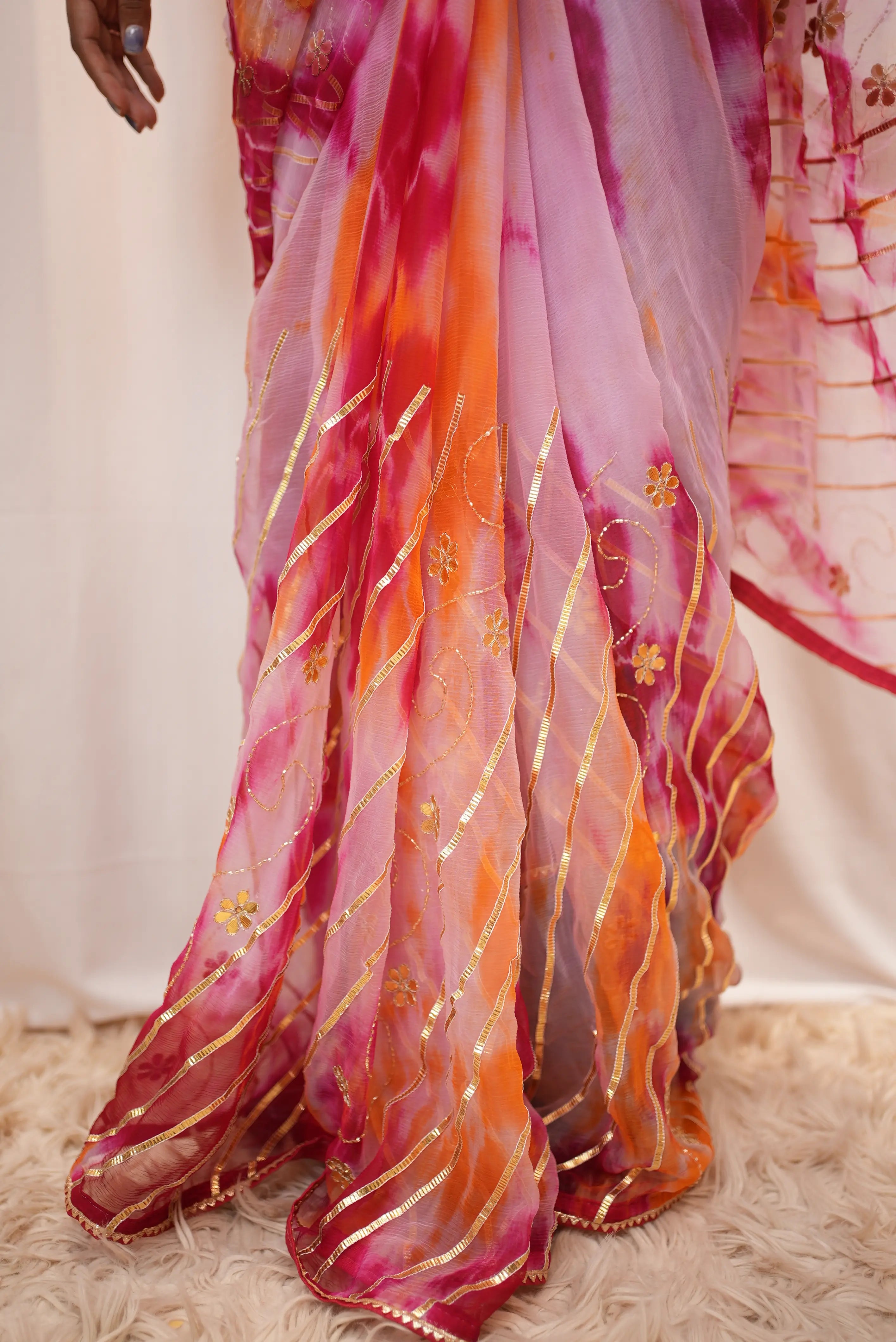 Pure Chiffon Lahriya Design Saree With Charkhi Gota & Gota Patti Cut Dana Work