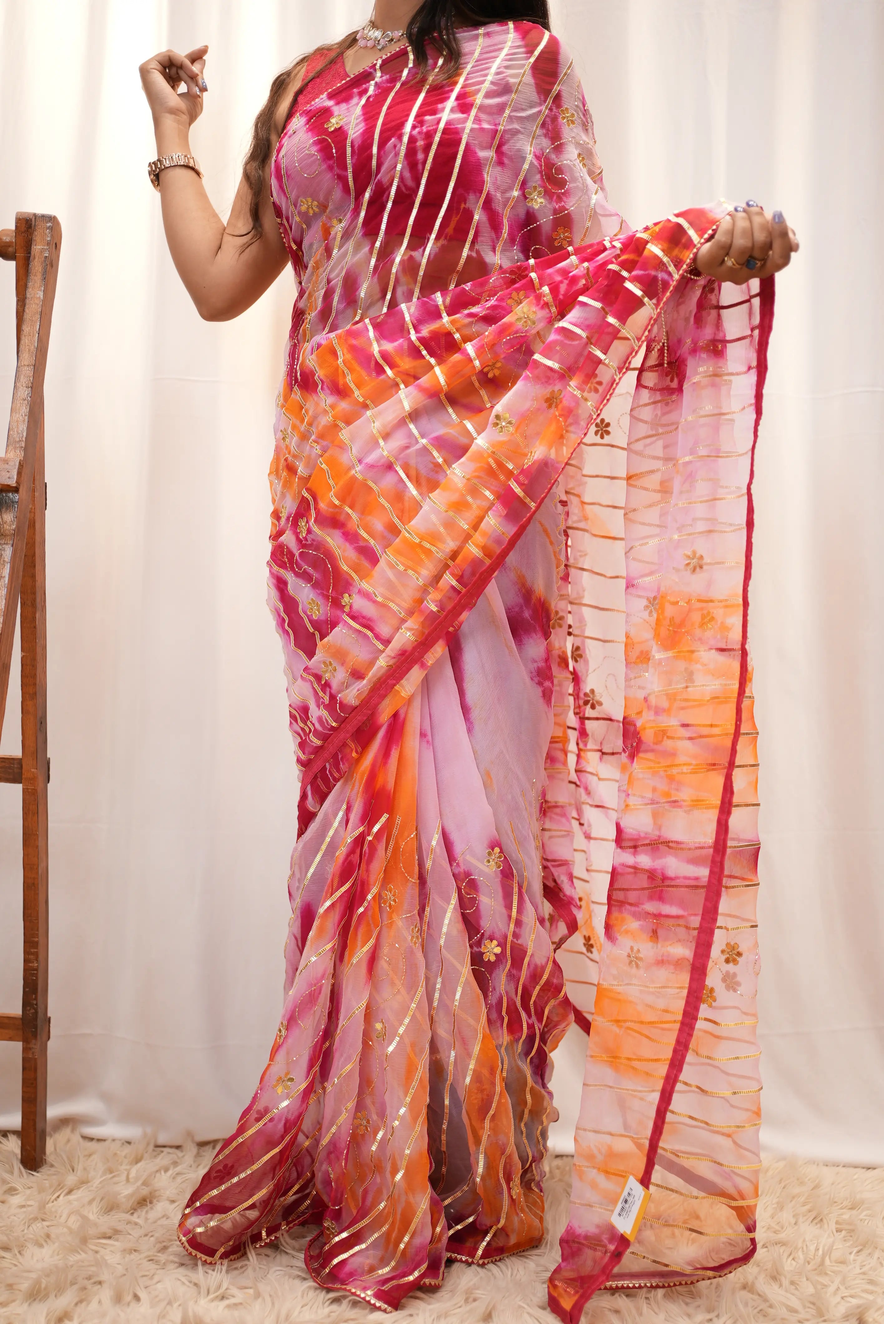 Pure Chiffon Lahriya Design Saree With Charkhi Gota & Gota Patti Cut Dana Work
