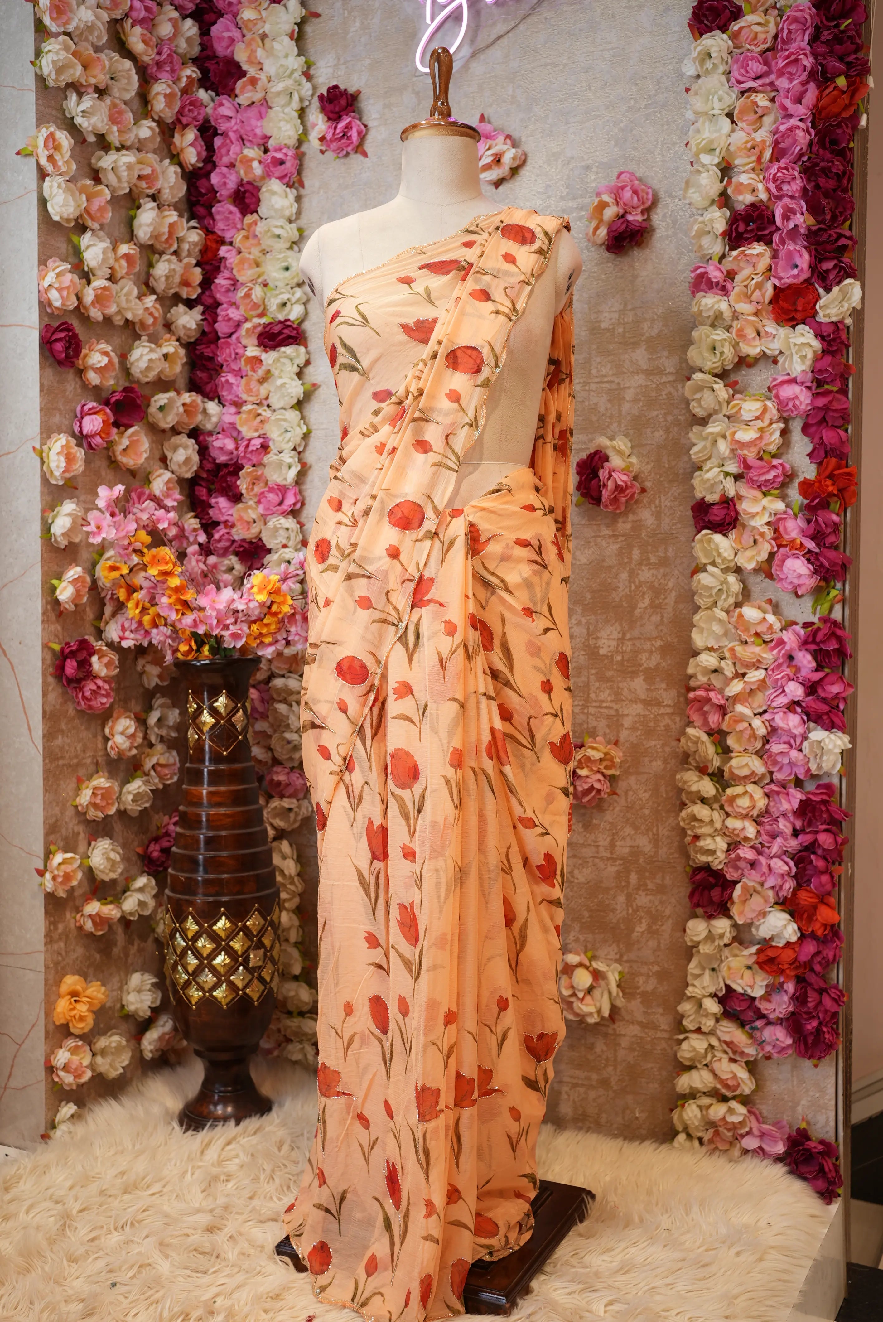 Celebrity Style Chiffon Saree with Floral Print & Cutdana Work (With Blouse)