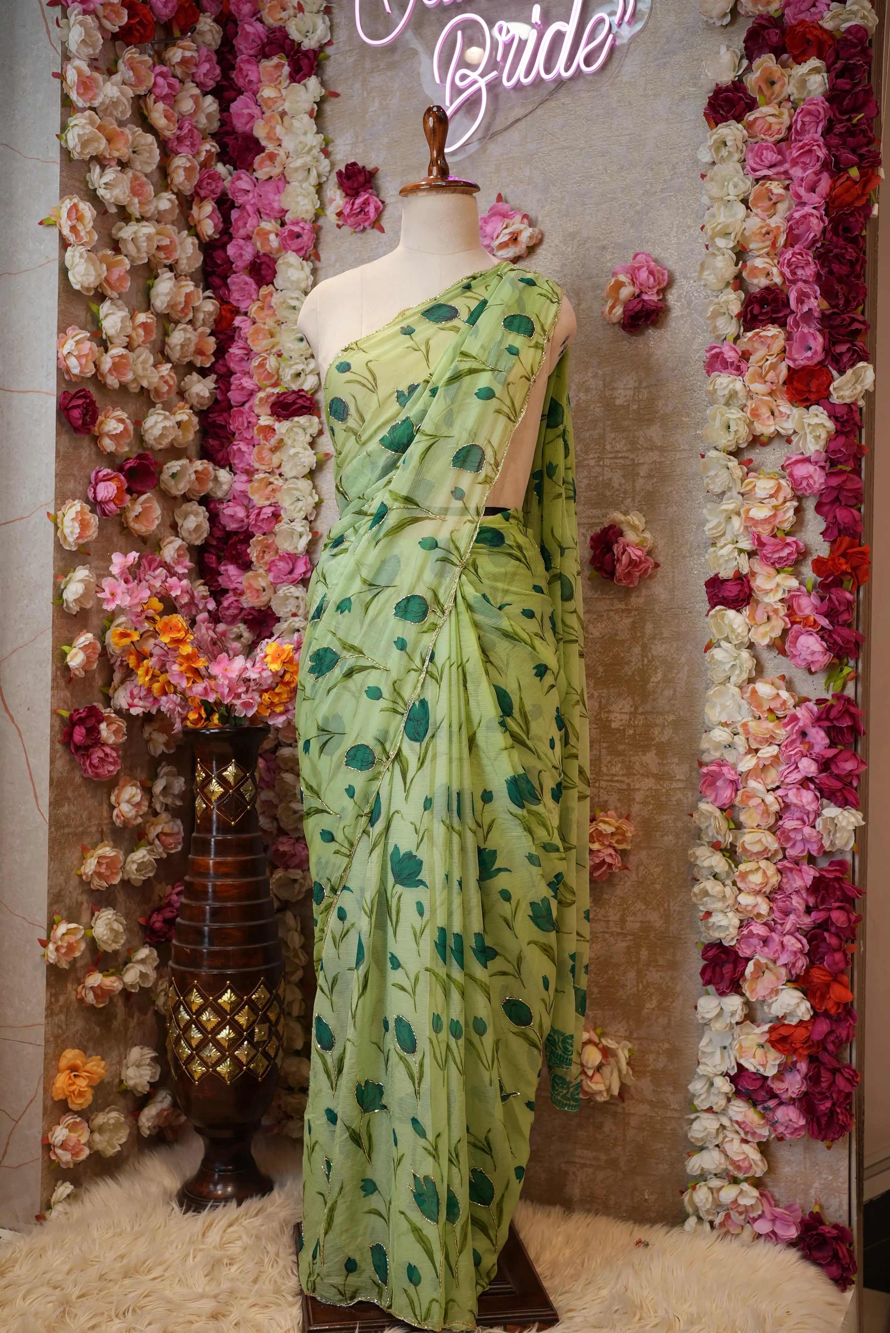 Celebrity Style Chiffon Saree with Floral Print & Cutdana Work (With Blouse)