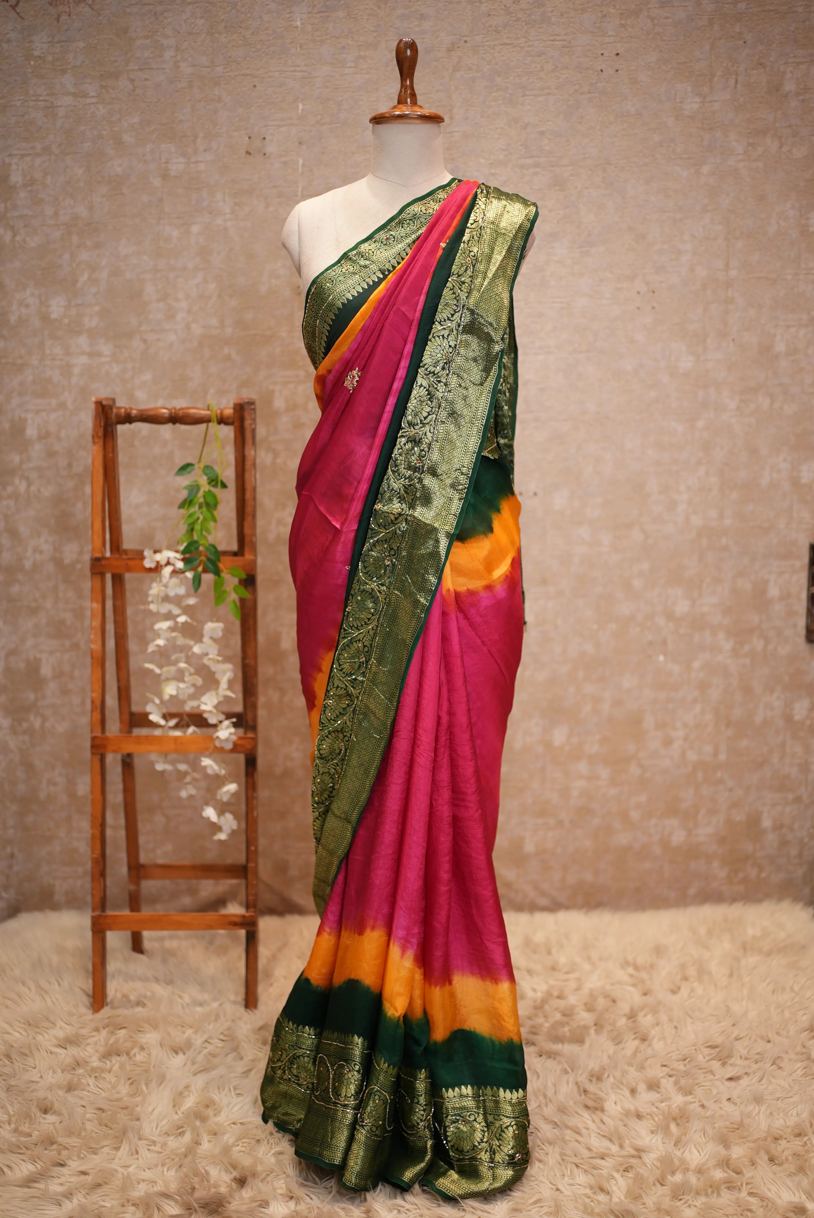 Multi Color Zari Weaving Handwork Touch Saree