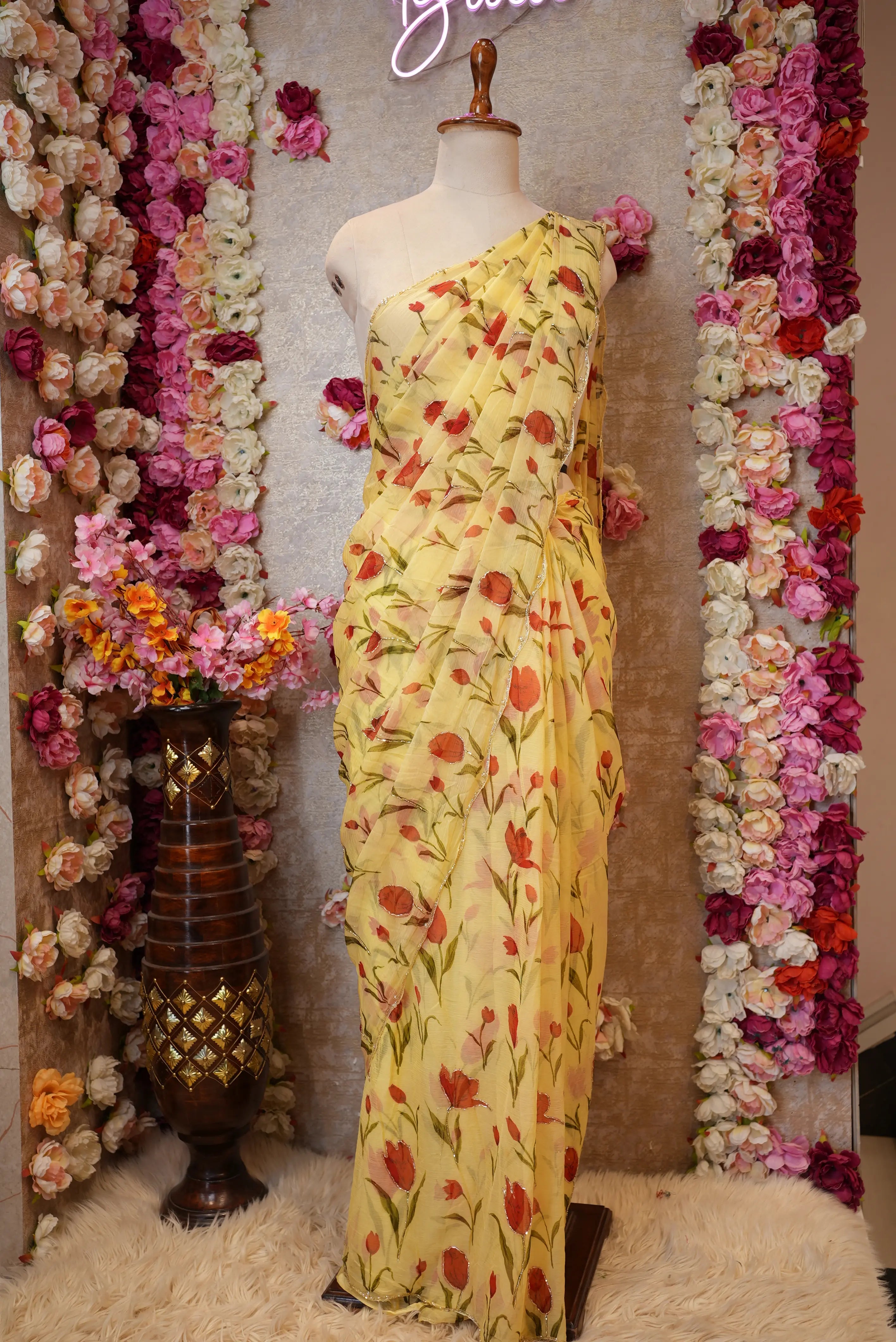 Celebrity Style Chiffon Saree with Floral Print & Cutdana Work (With Blouse)