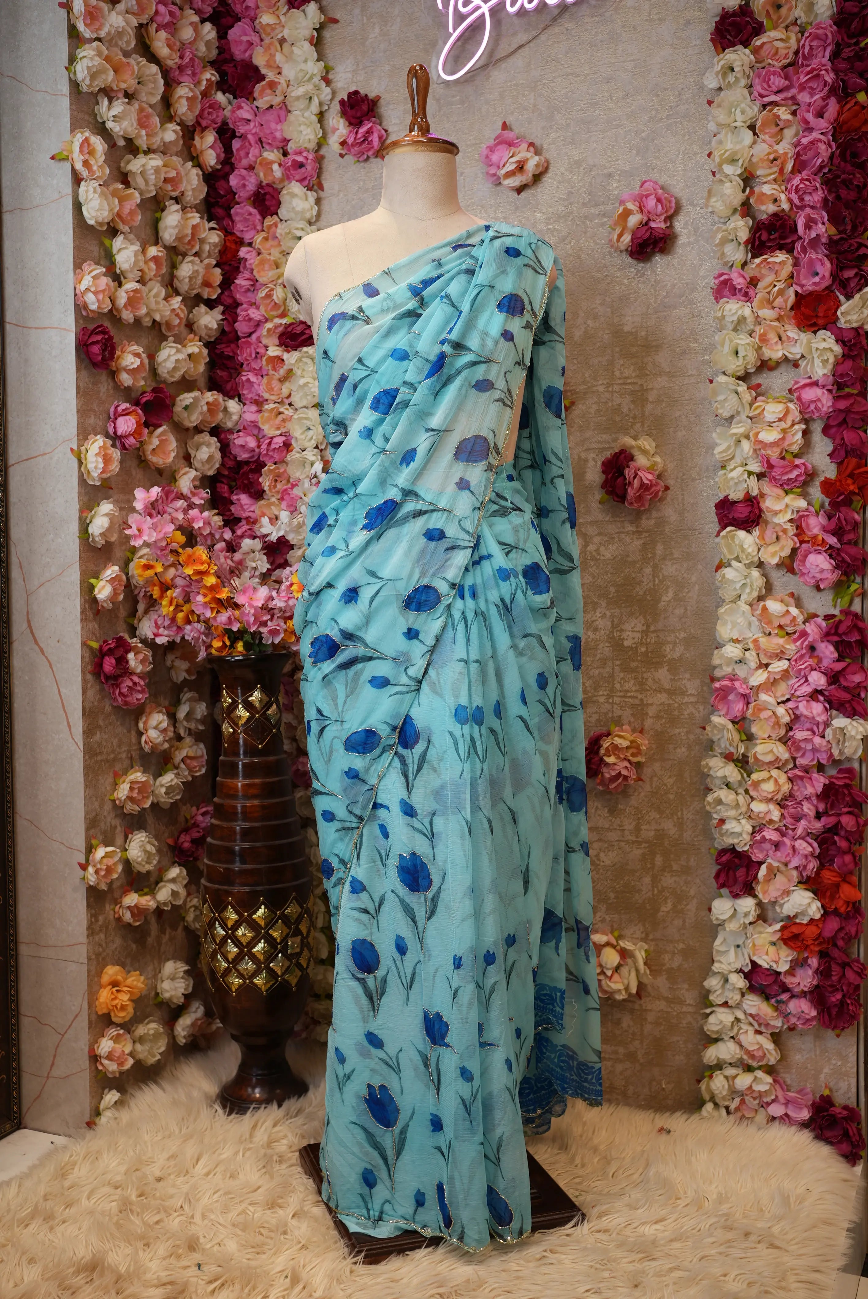 Celebrity Style Chiffon Saree with Floral Print & Cutdana Work (With Blouse)