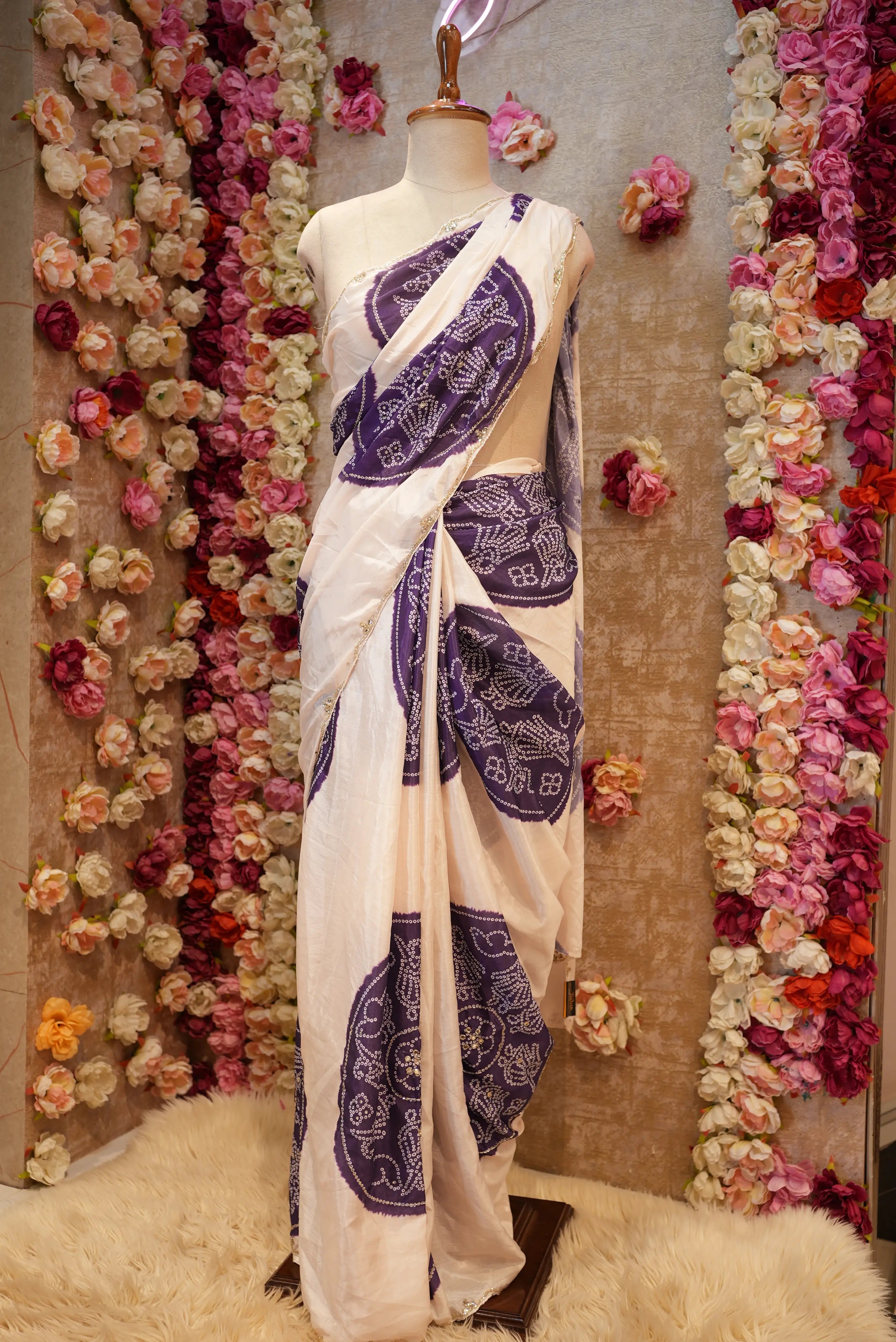 Silk Darbari Bandhej Saree with Cutdana Work (With Blouse)