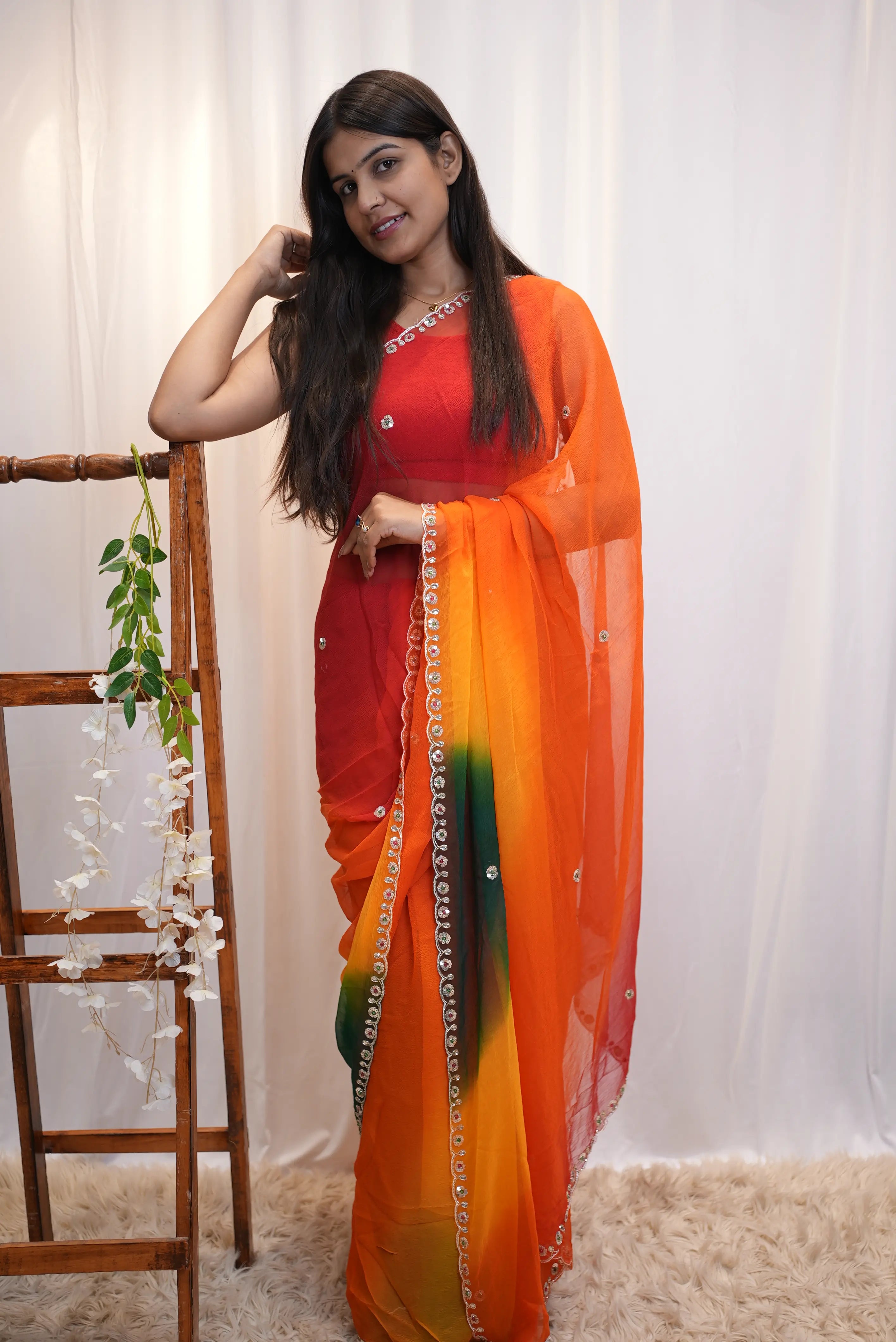 Pure Chiffon Multishade Saree with Cut Dana & Sequence Handwork (With Blouse)