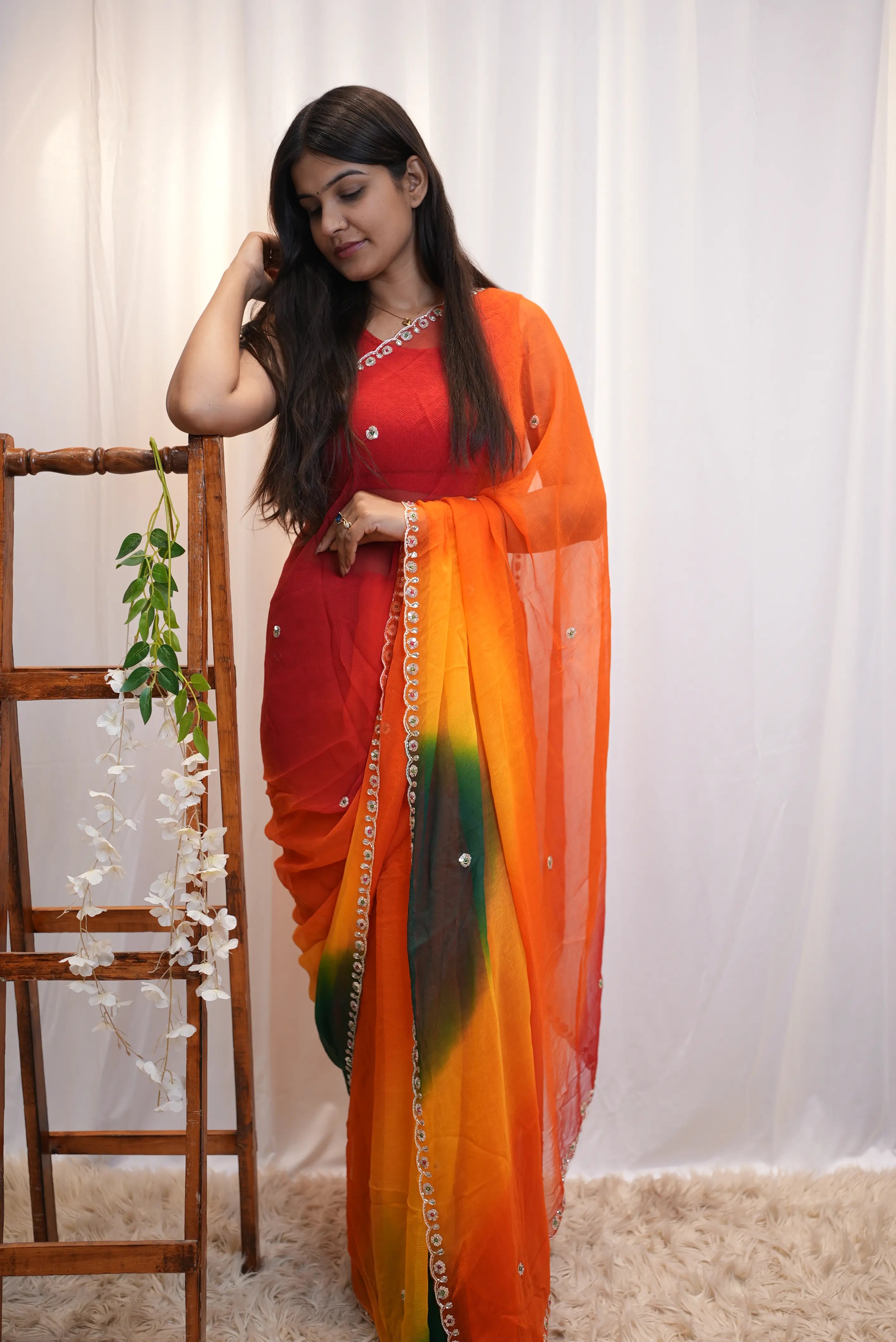 Pure Chiffon Multishade Saree with Cut Dana & Sequence Handwork (With Blouse)