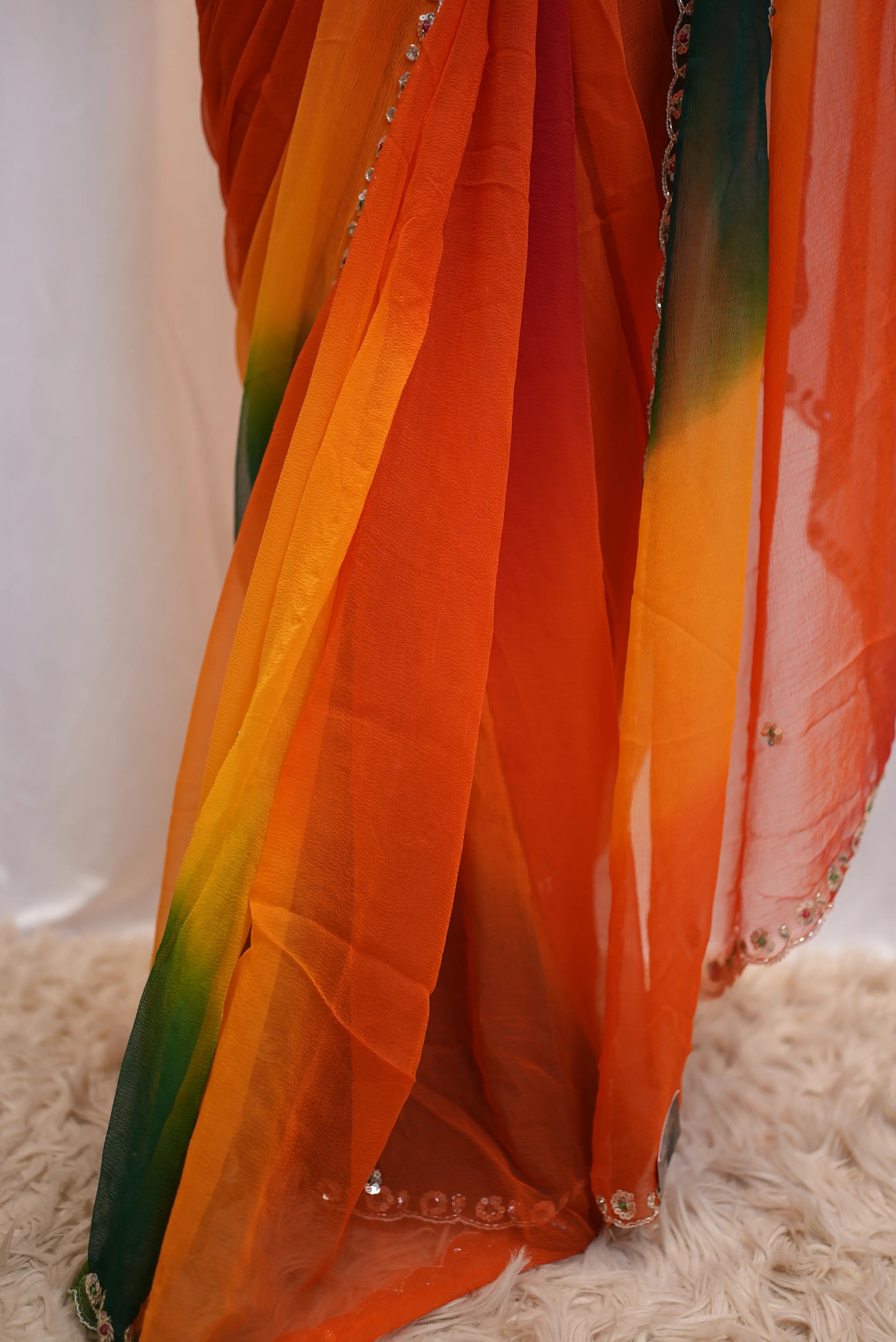 Pure Chiffon Multishade Saree with Cut Dana & Sequence Handwork (With Blouse)