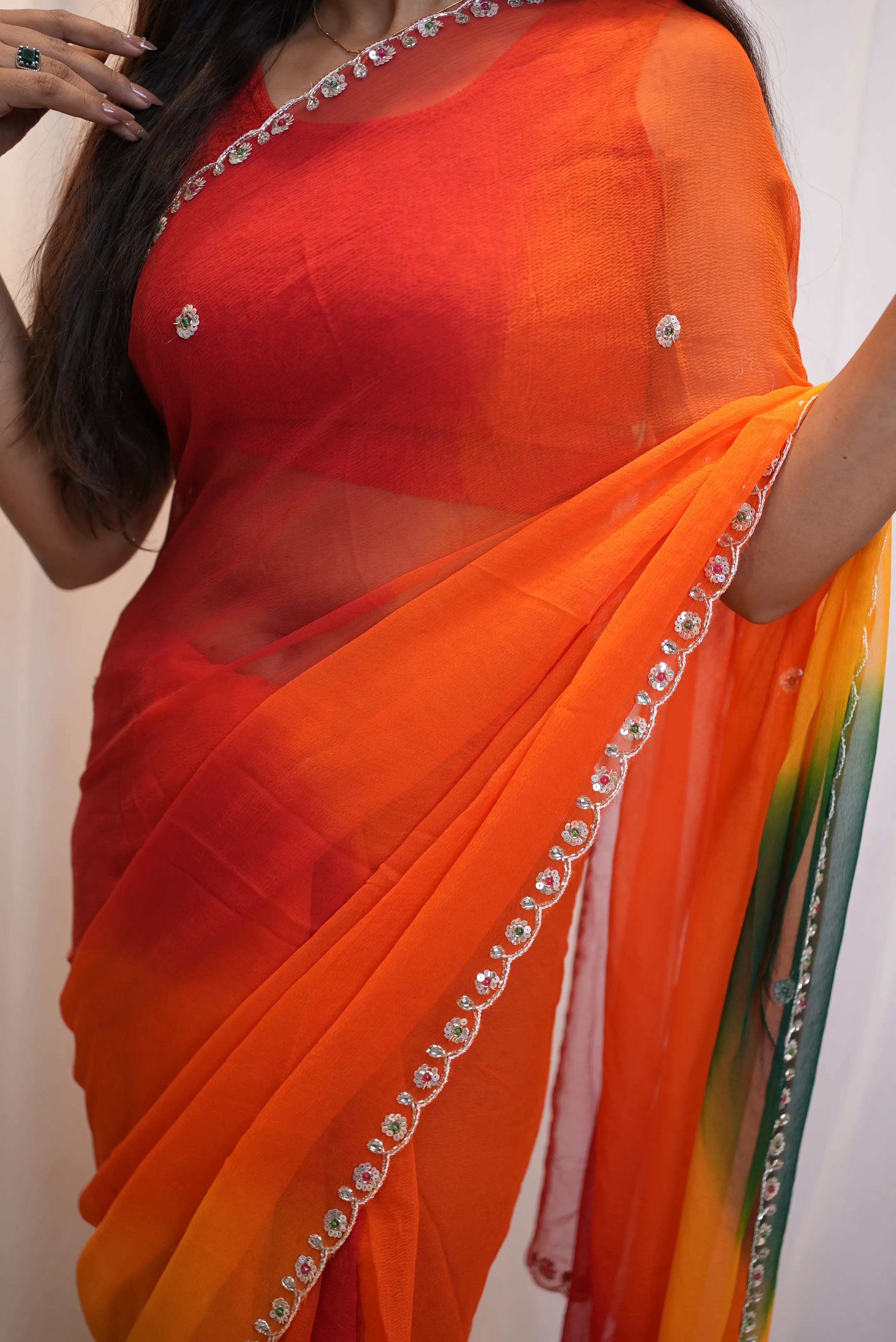 Pure Chiffon Multishade Saree with Cut Dana & Sequence Handwork (With Blouse)