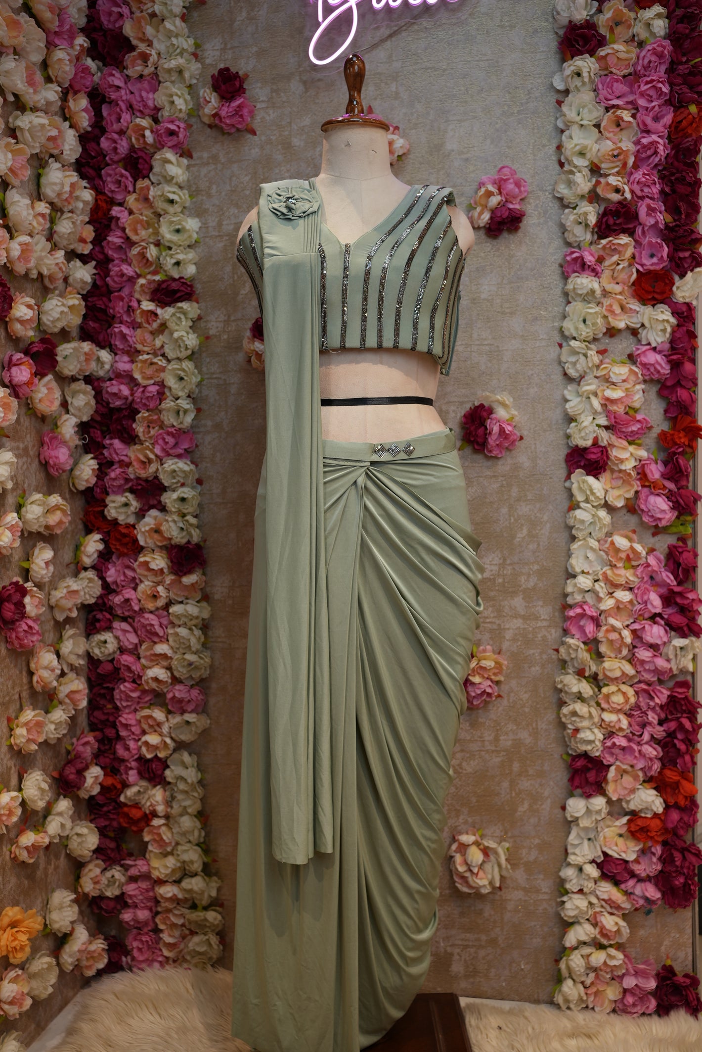 DESIGNER PRE PLATED SAREE WITH STITCH DESIGNER BLOUSE AND SIROSKI WORK  ##SR551