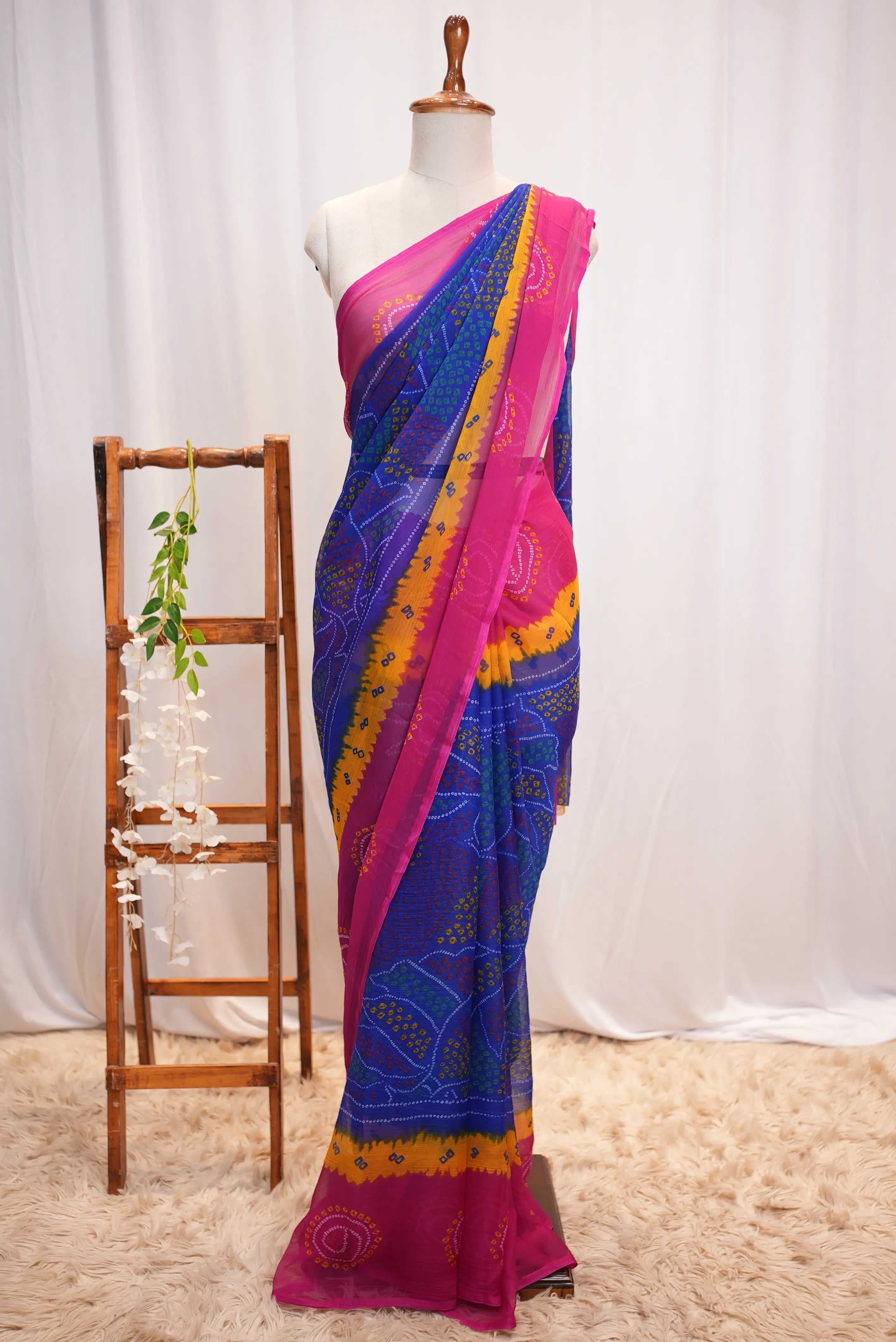 Royal Chiffon Multishade Shekhawati Bandhani Saree (Without Blouse)
