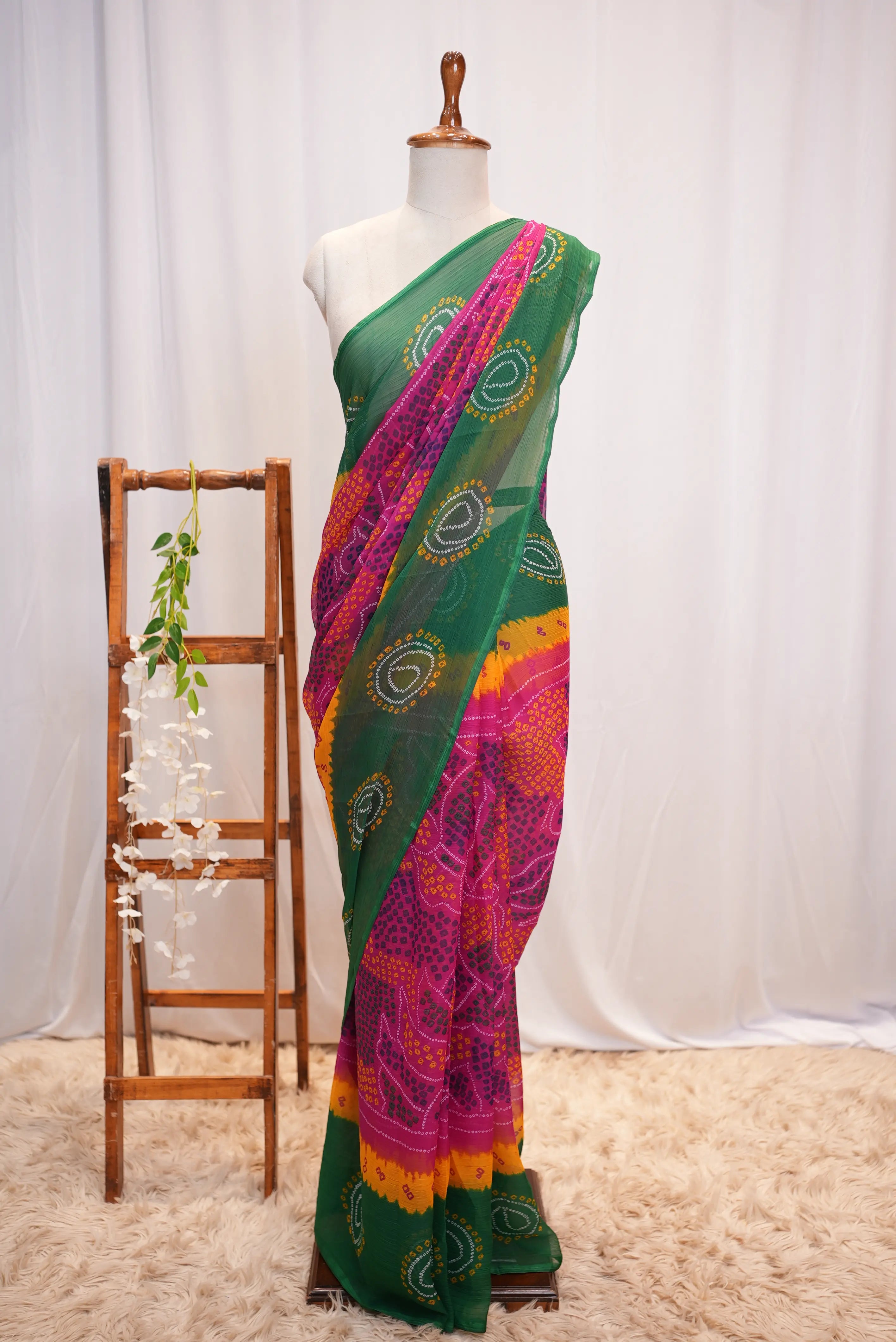 Royal Chiffon Multishade Shekhawati Bandhani Saree (Without Blouse)