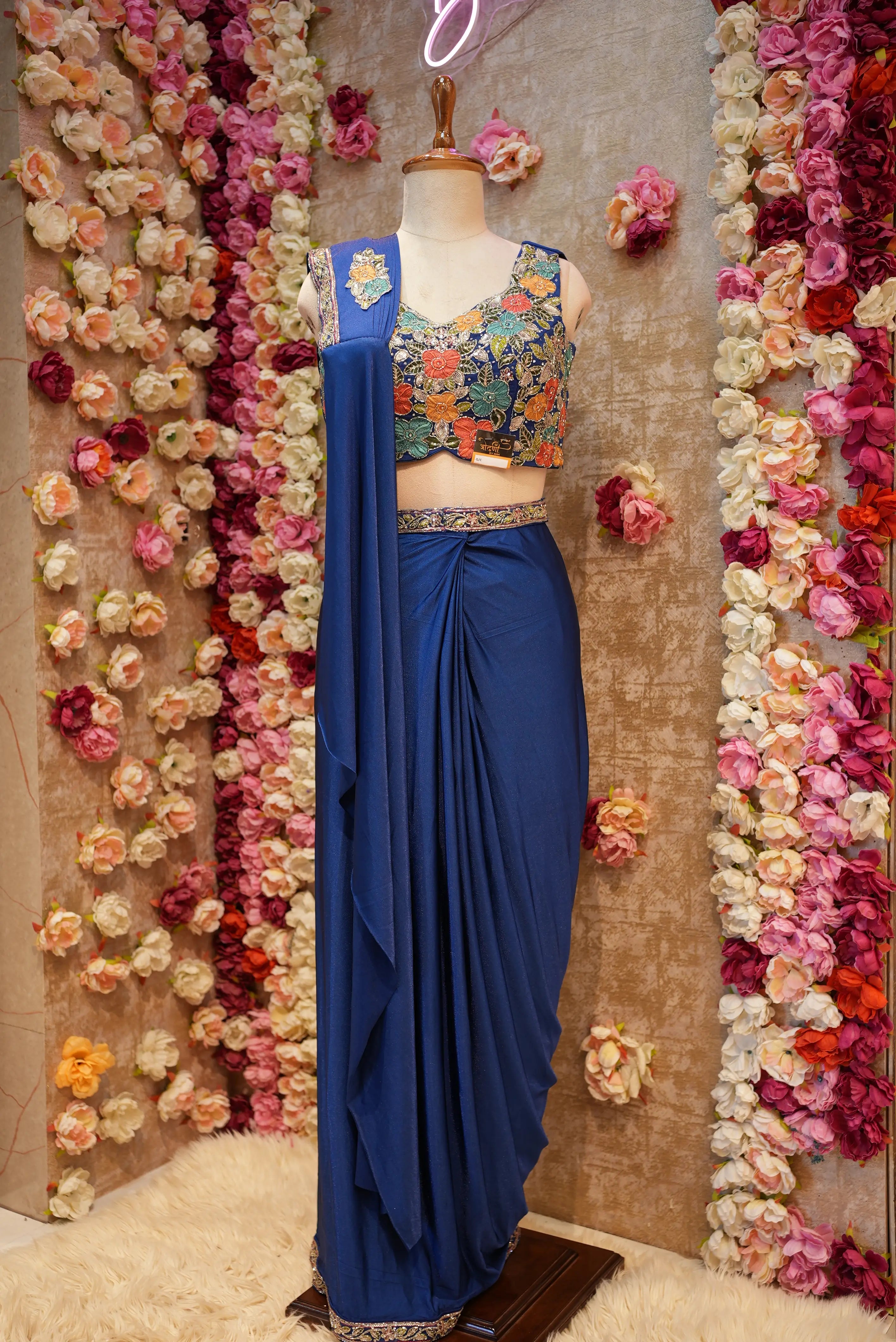 Pre-Pleated Lycra Saree with Stitched Blouse, Thread & Cutdana Work
