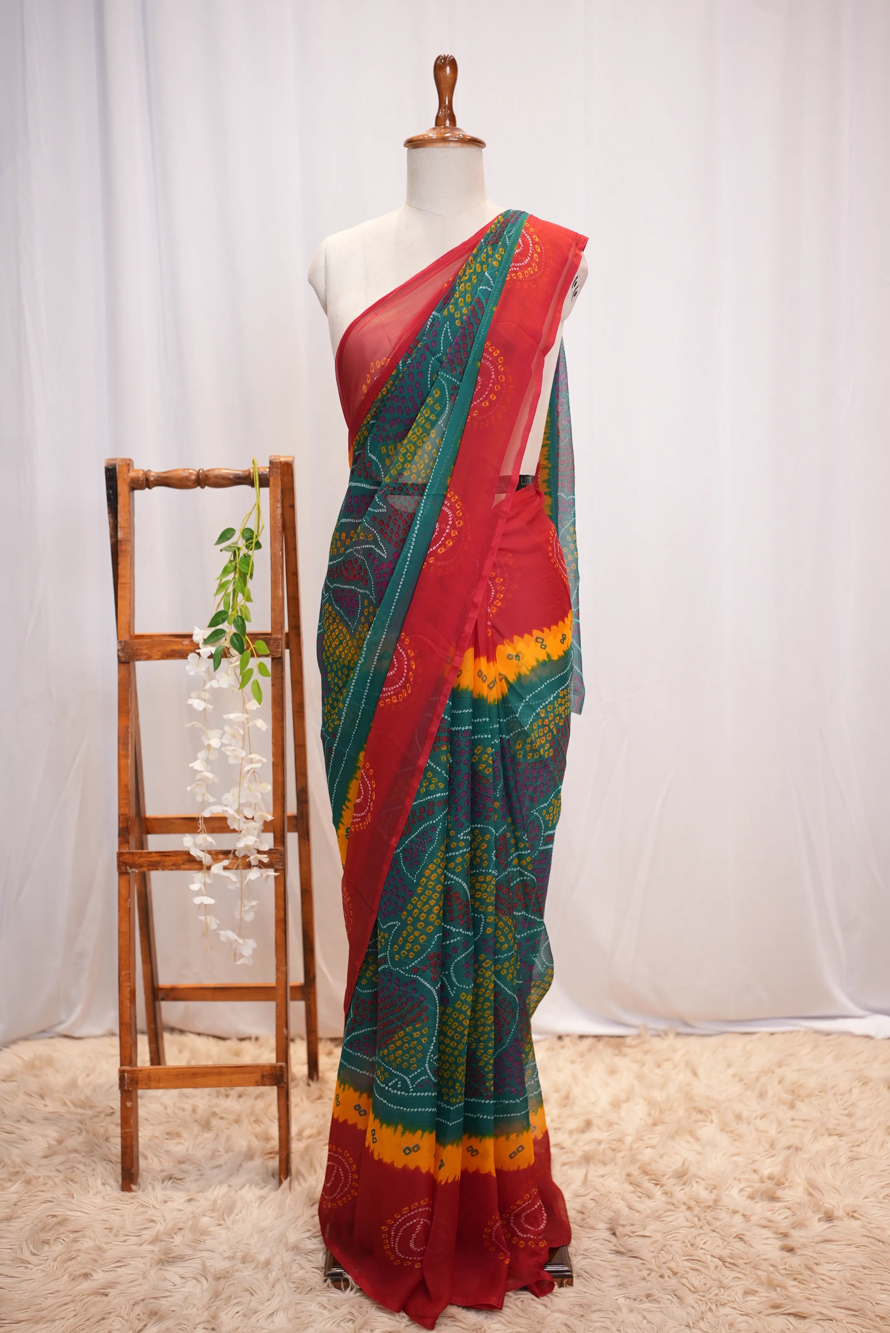 Royal Chiffon Multishade Shekhawati Bandhani Saree (Without Blouse)